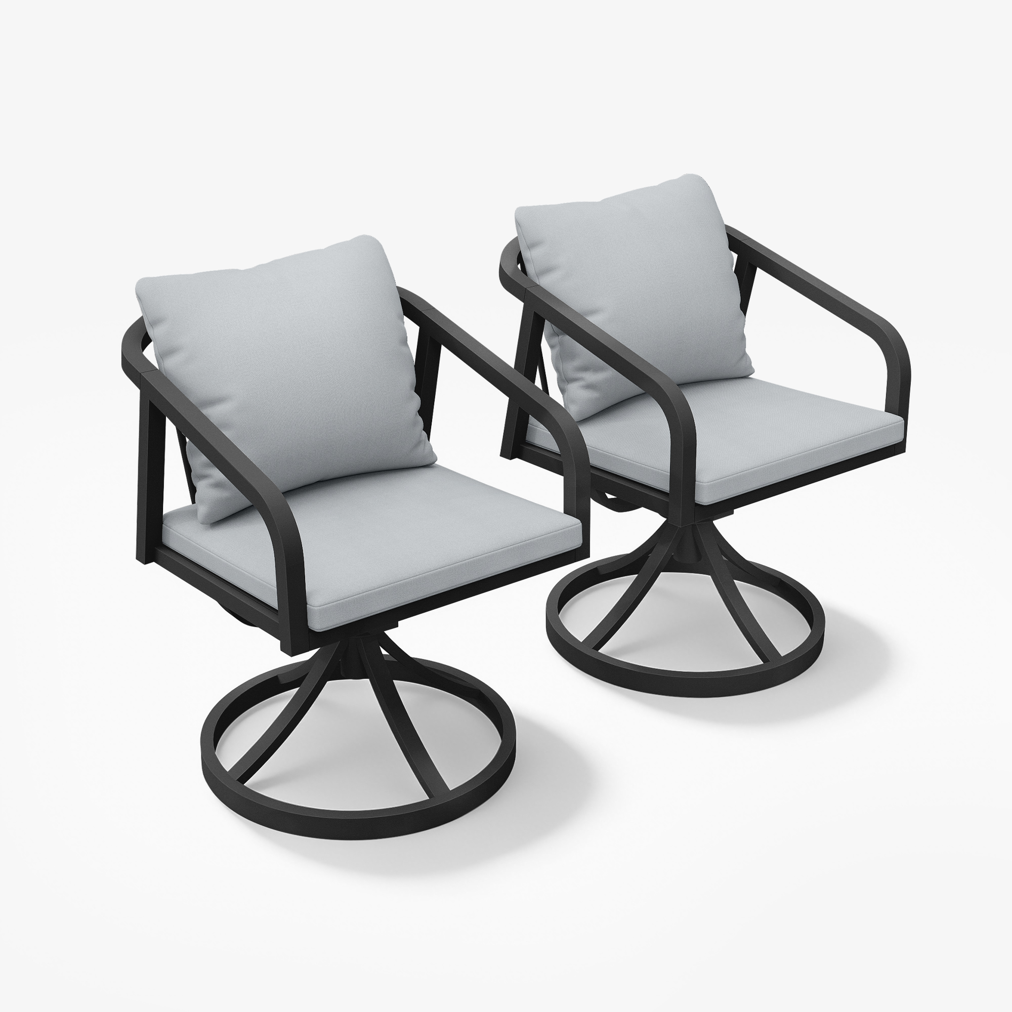 Two outdoor dining swivel chairs with wraparound armrests and light gray cushions -Seehill