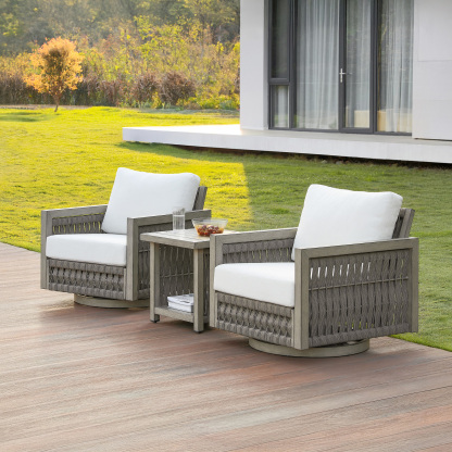 Gray woven outdoor swivel chairs with white cushions - Seehill