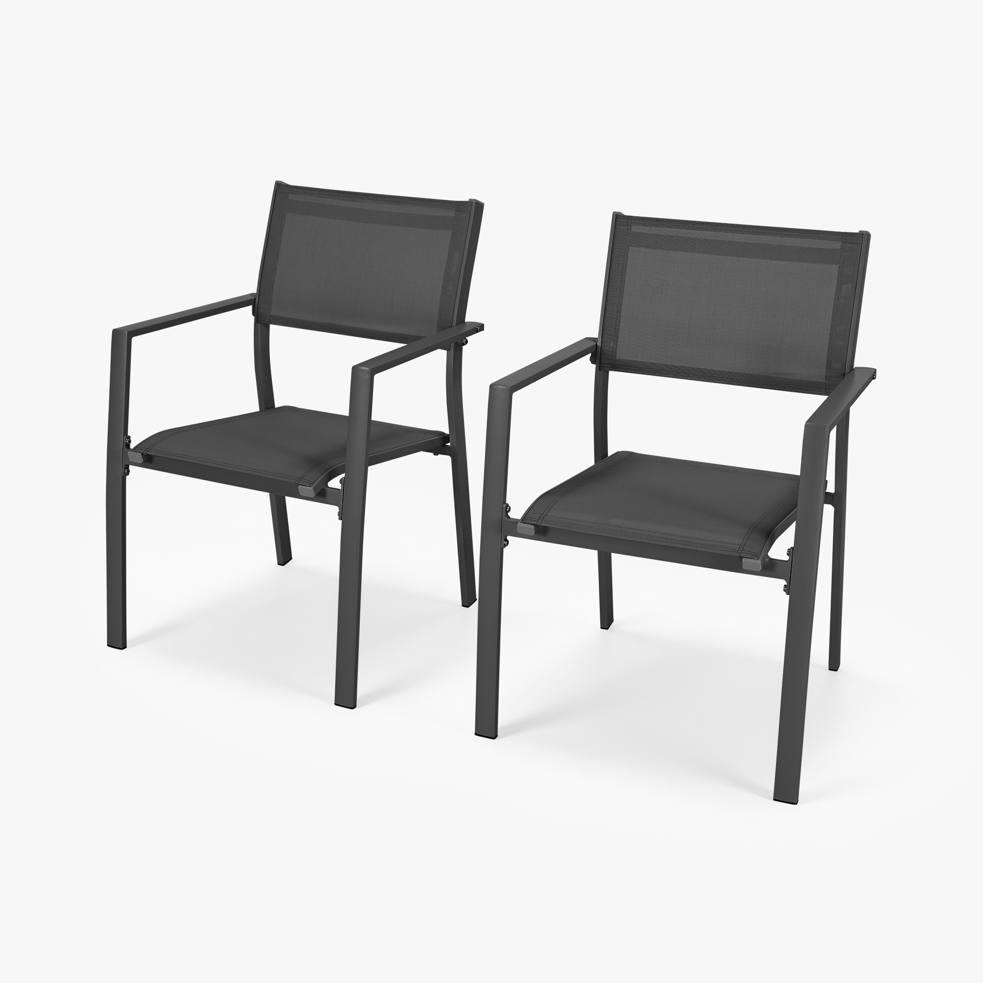 Two black stackable patio dining chairs with textile seats and armrests on white-Seehill