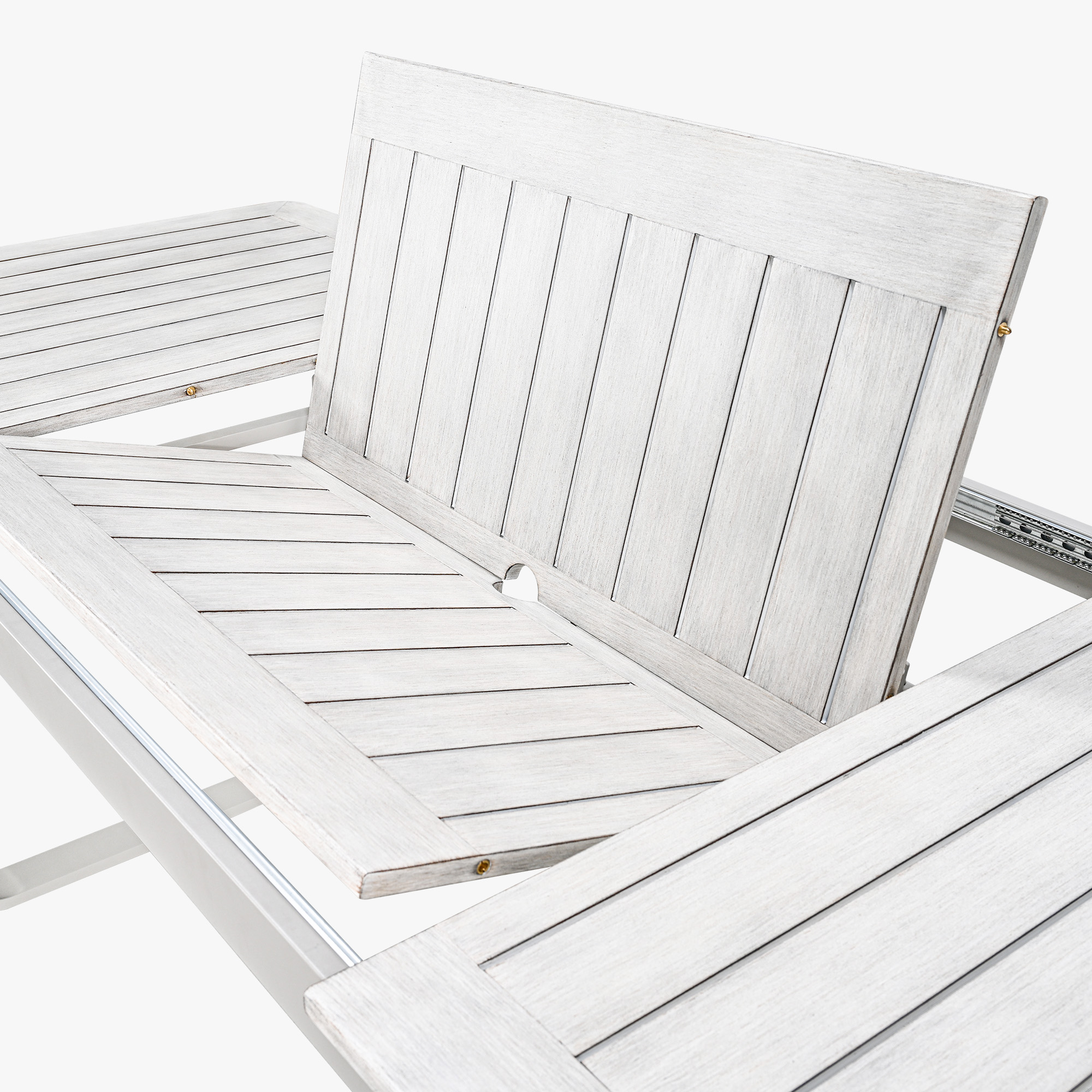 Close-up of white wood slat extendable patio dining table mechanism on white background-Seehill