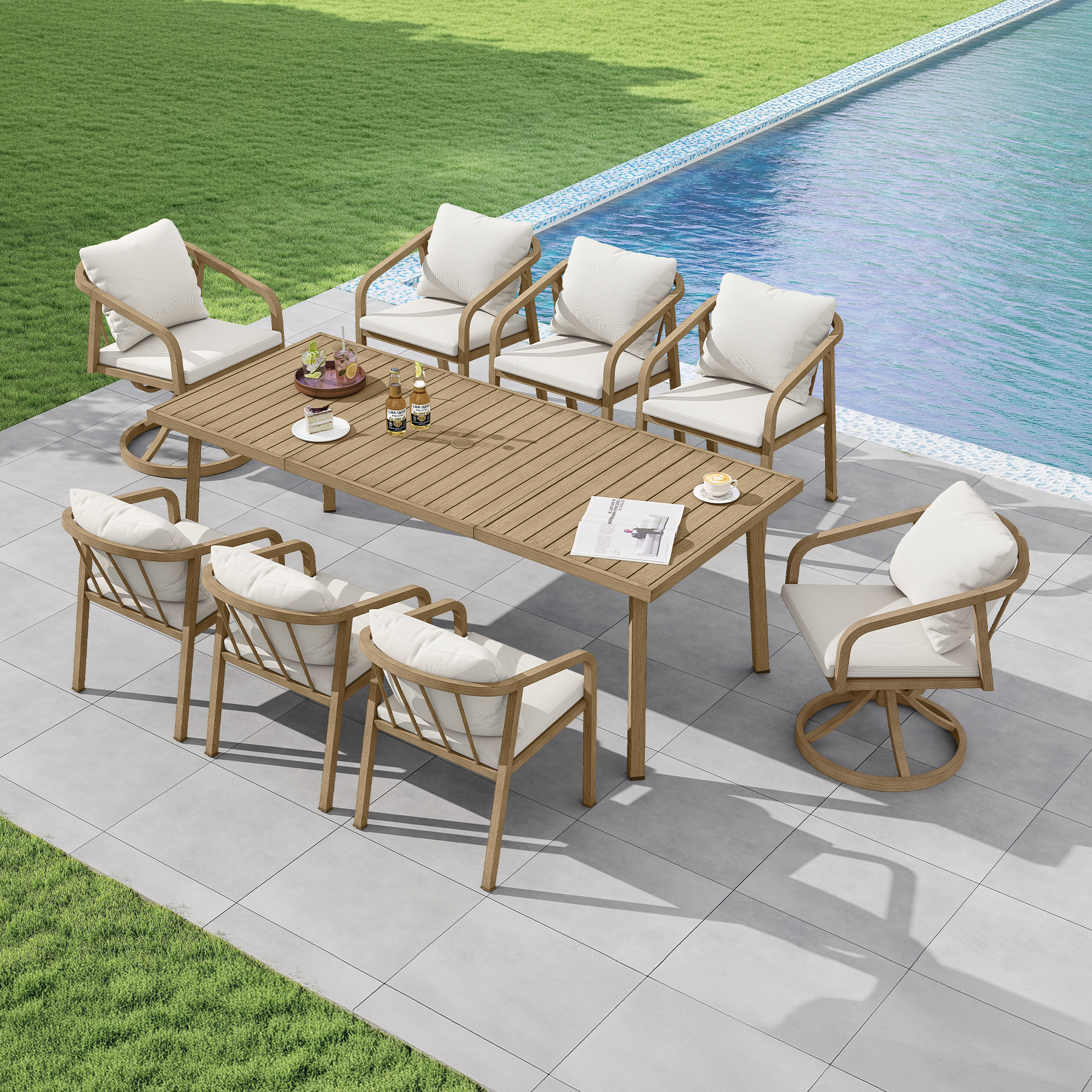 Outdoor dining set with cushioned chairs arranged around a wooden table by the pool focused-Seehill
