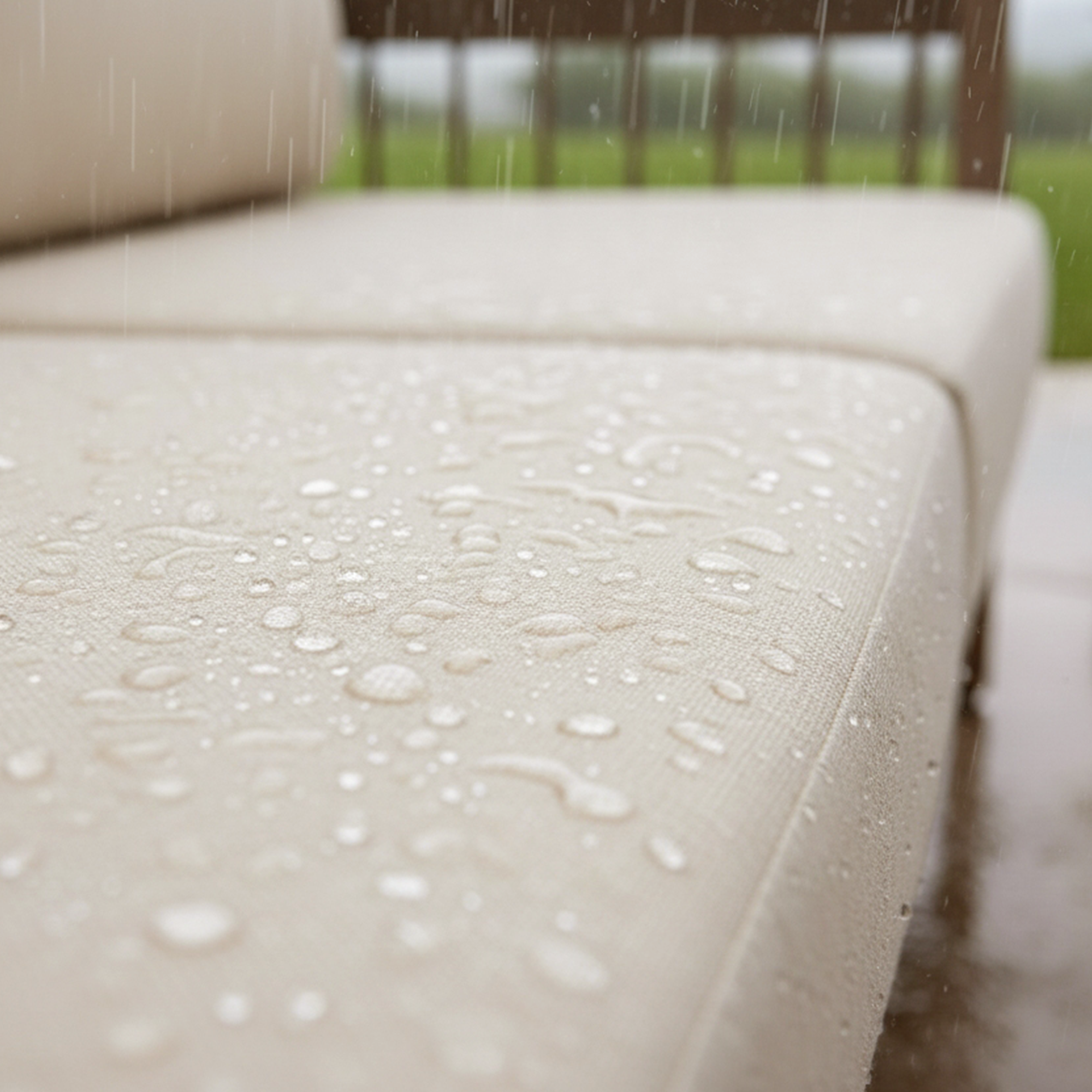 Close-up of water-resistant beige cushion on outdoor sofa in rainy patio setting-Seehill