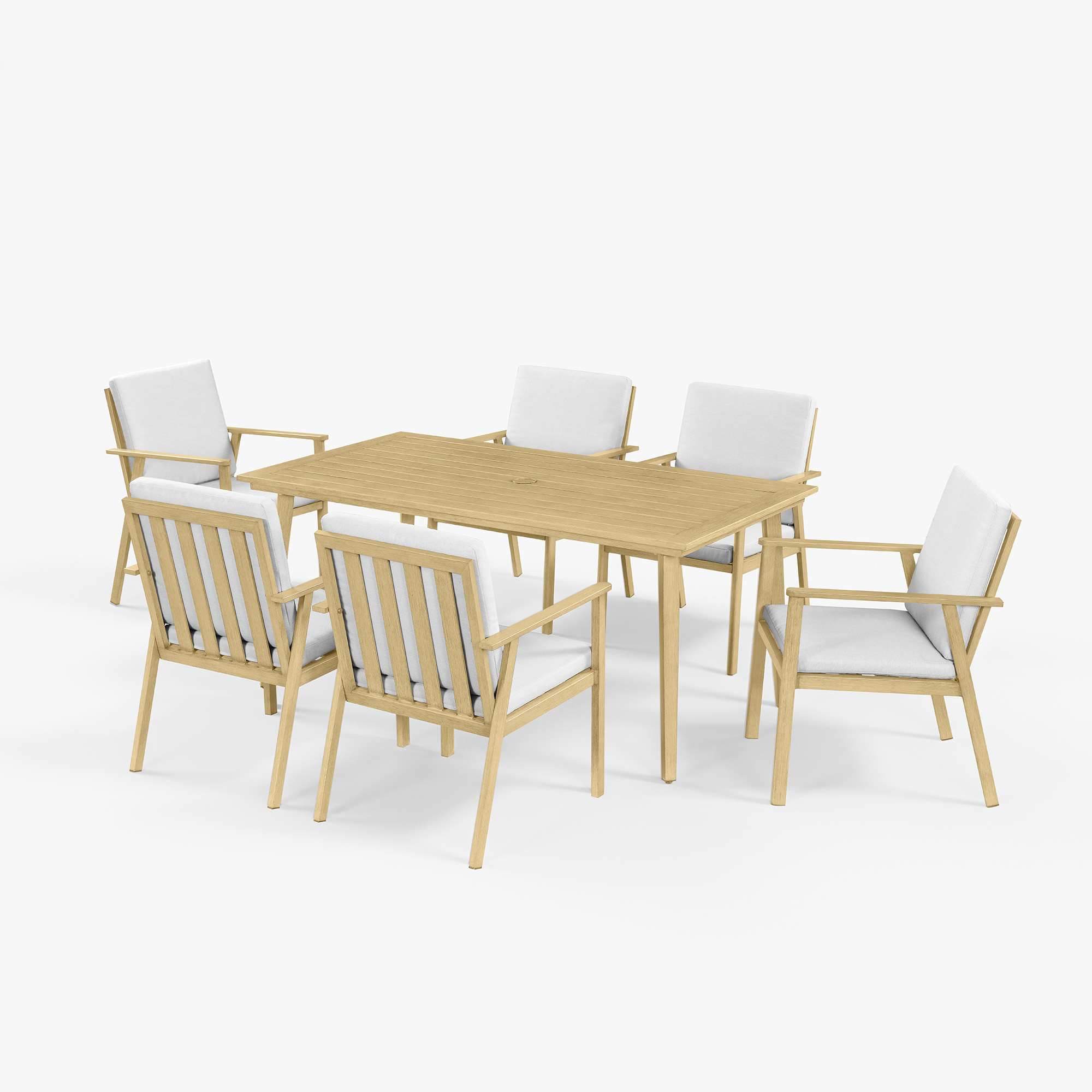 Highlighting the modern outdoor dining set with teak wood table and six cushioned chairs from this collection. - Seehill