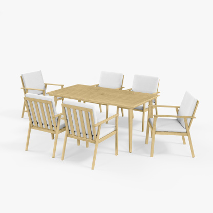 Modern outdoor dining set with teak wood table and six cushioned chairs - Seehill