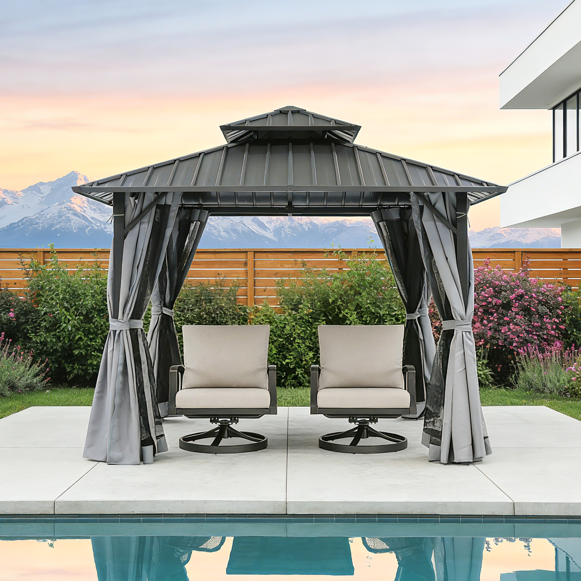 12' x 12' Outdoor Patio Hardtop Gazebo with Netting and Curtains - G030-3