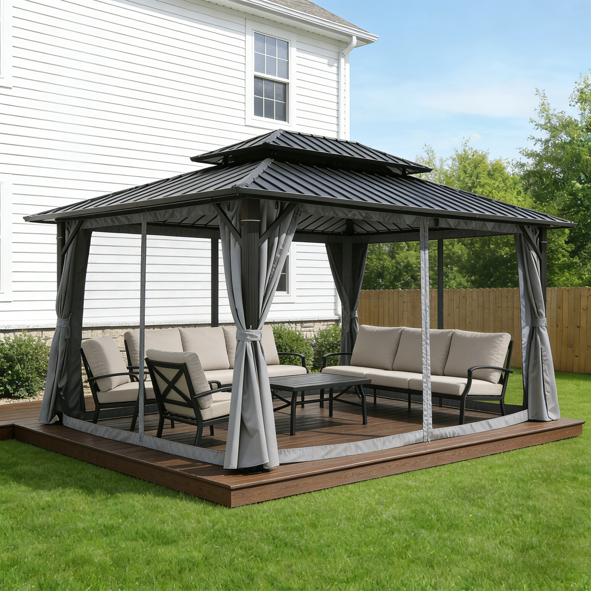 Outdoor patio hardtop gazebo with curtains and seating set on wooden deck lawn-Seehill
