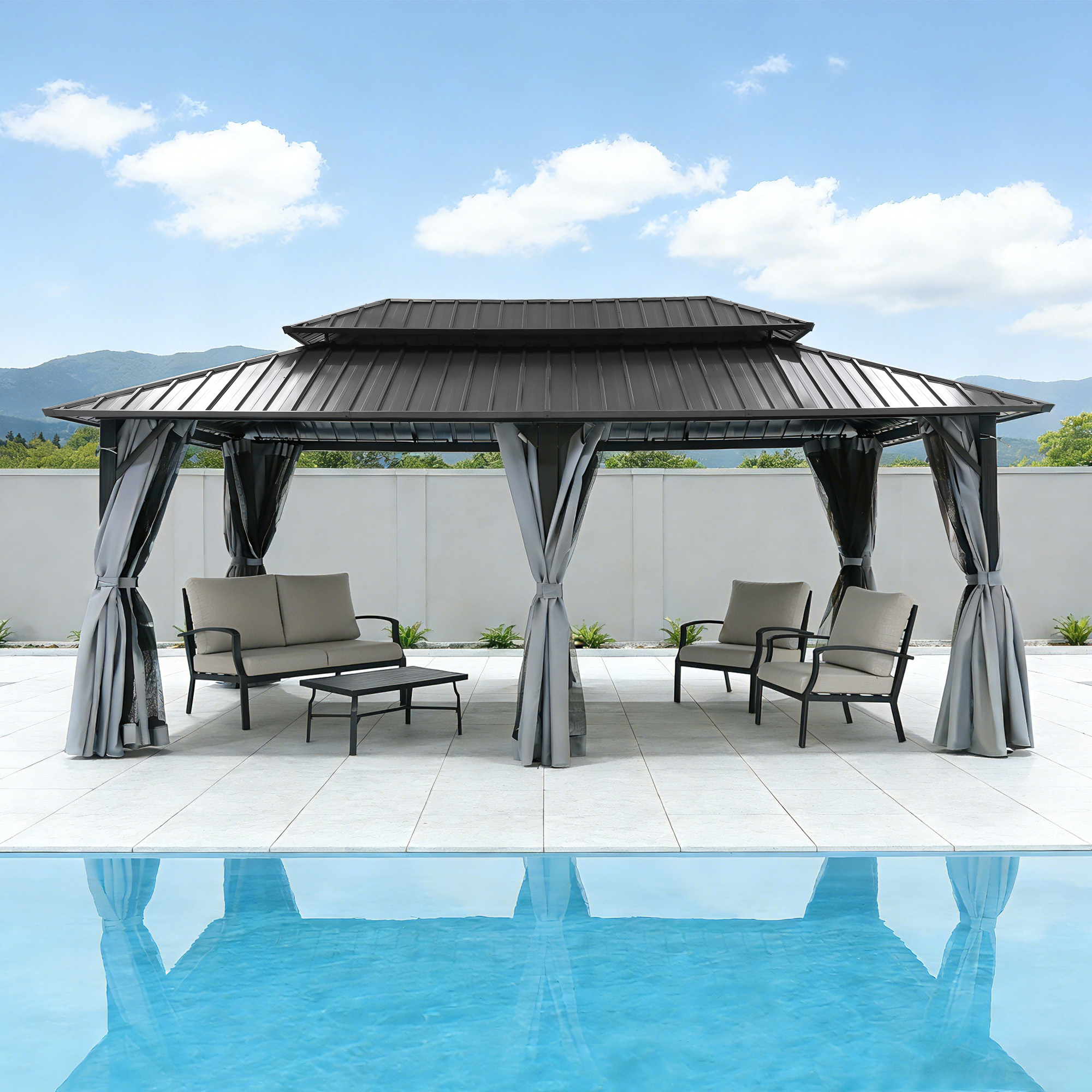 Outdoor patio hardtop gazebo with curtains and seating set beside a pool -Seehill