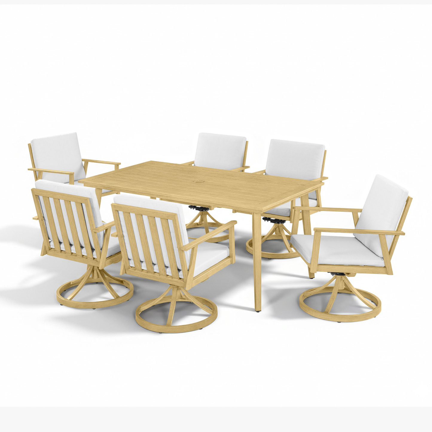 Light wood outdoor dining set with 6 swivel chairs - Seehill