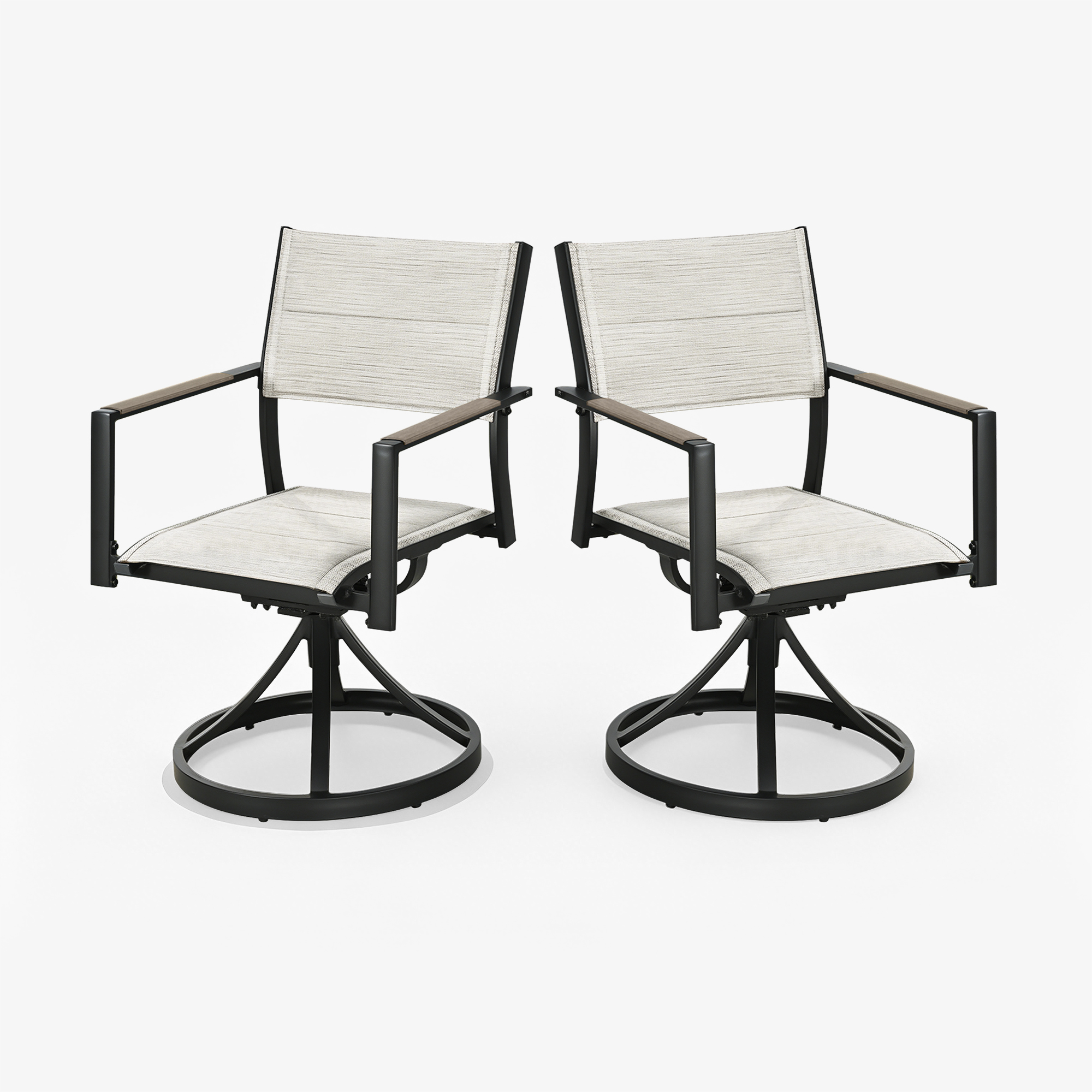 Two beige fabric patio swivel dining chairs with black metal frames and armrests-Seehill