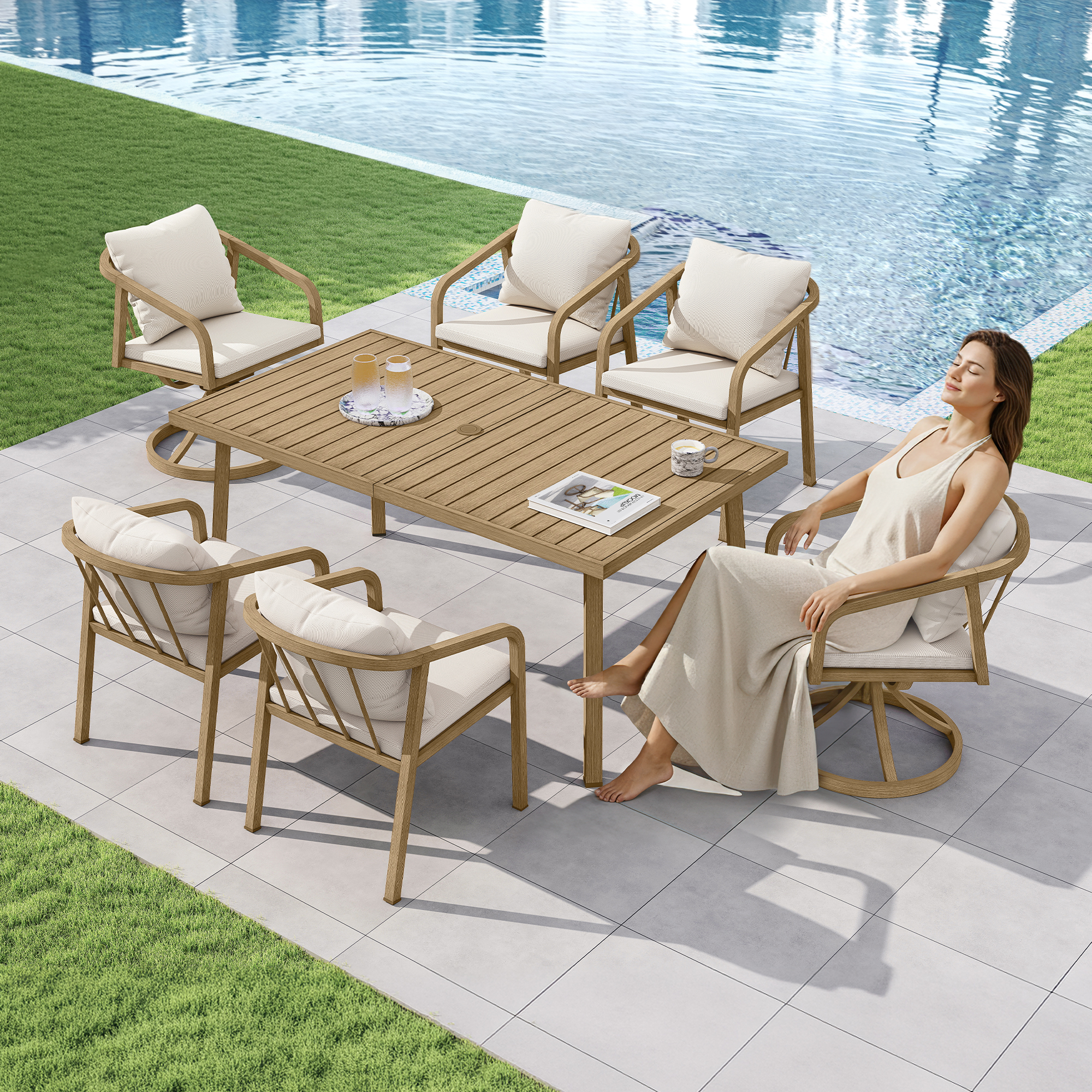 Outdoor patio dining set with cushioned chairs and a wooden table by the pool-Seehill