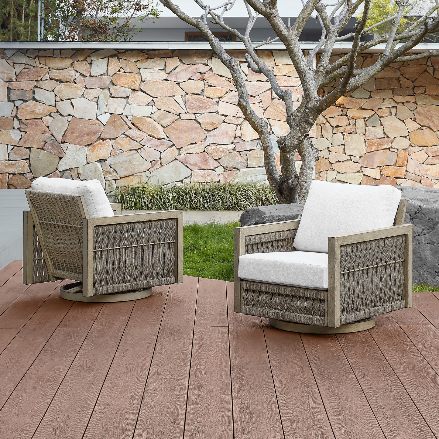Outdoor wicker swivel chairs with white cushions - Seehill