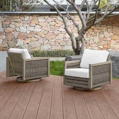 Outdoor wicker swivel chairs with white cushions - Seehill