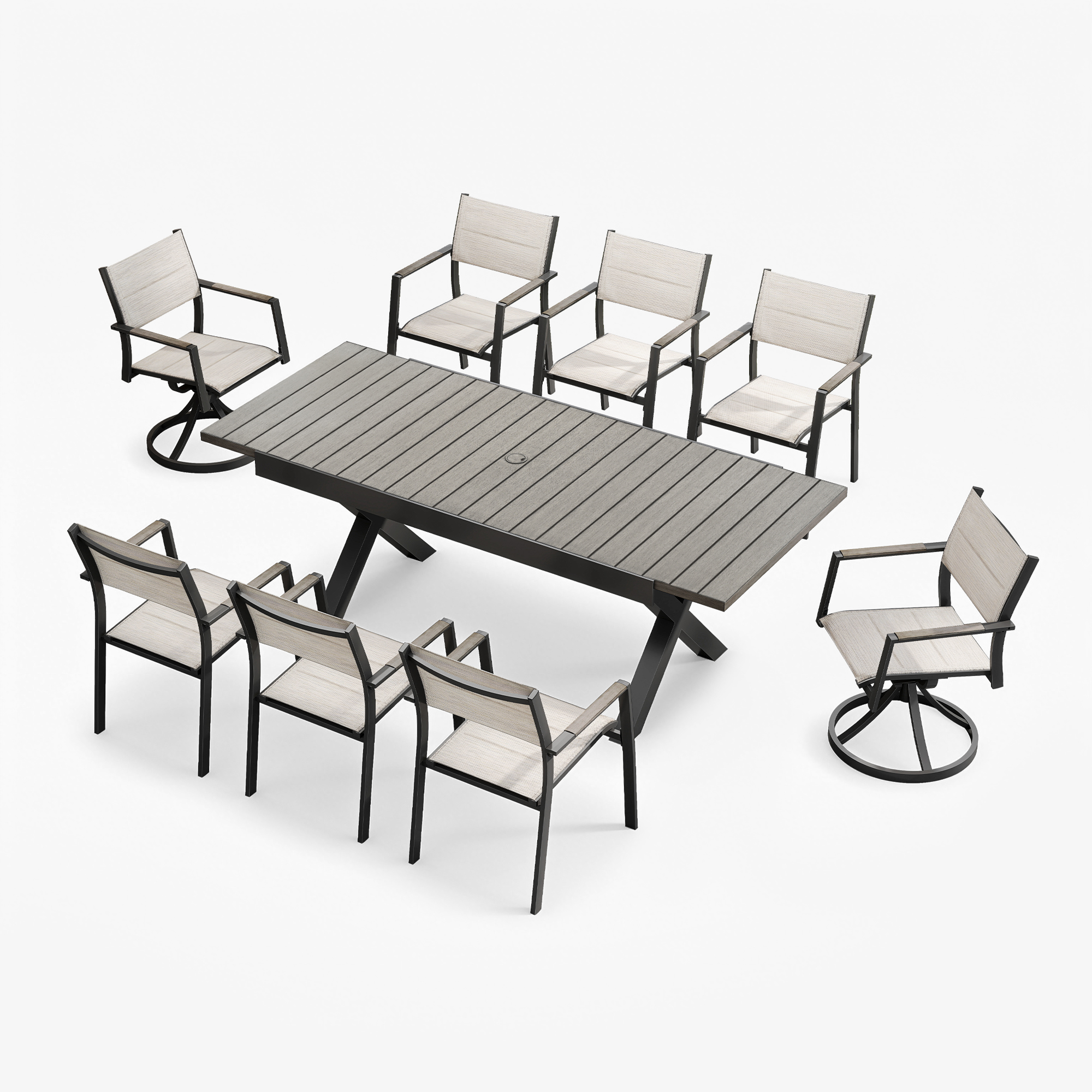 Expandable outdoor dining set with eight chairs and two swivel armchairs in neutral tones-Seehill