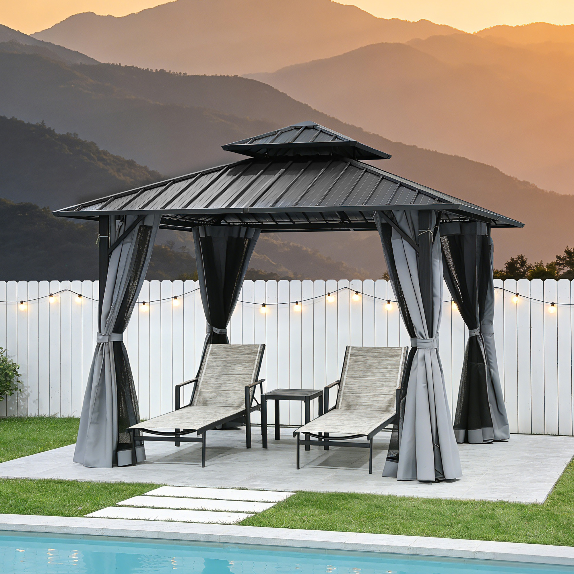Outdoor patio hardtop gazebo with netting and lounge chairs by pool at sunset -Seehill