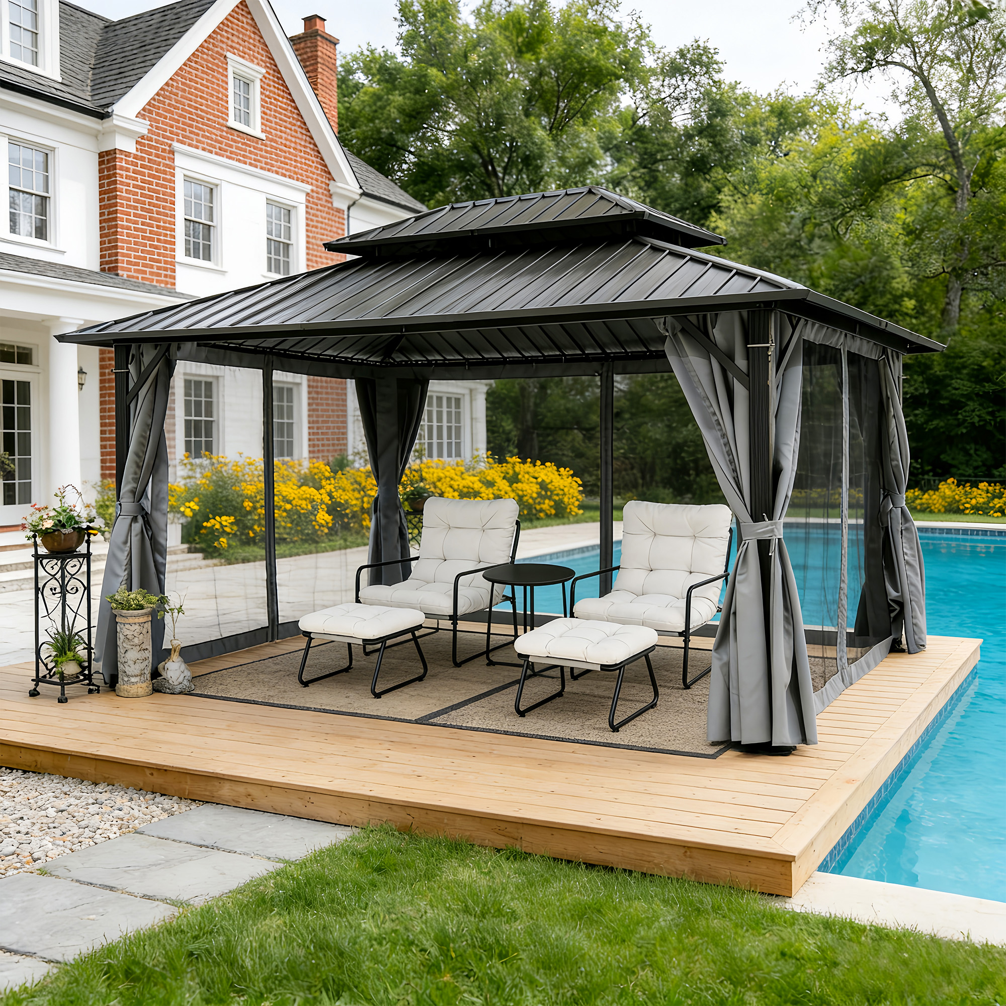Outdoor patio hardtop gazebo with netting on wooden deck by pool and house -Seehill