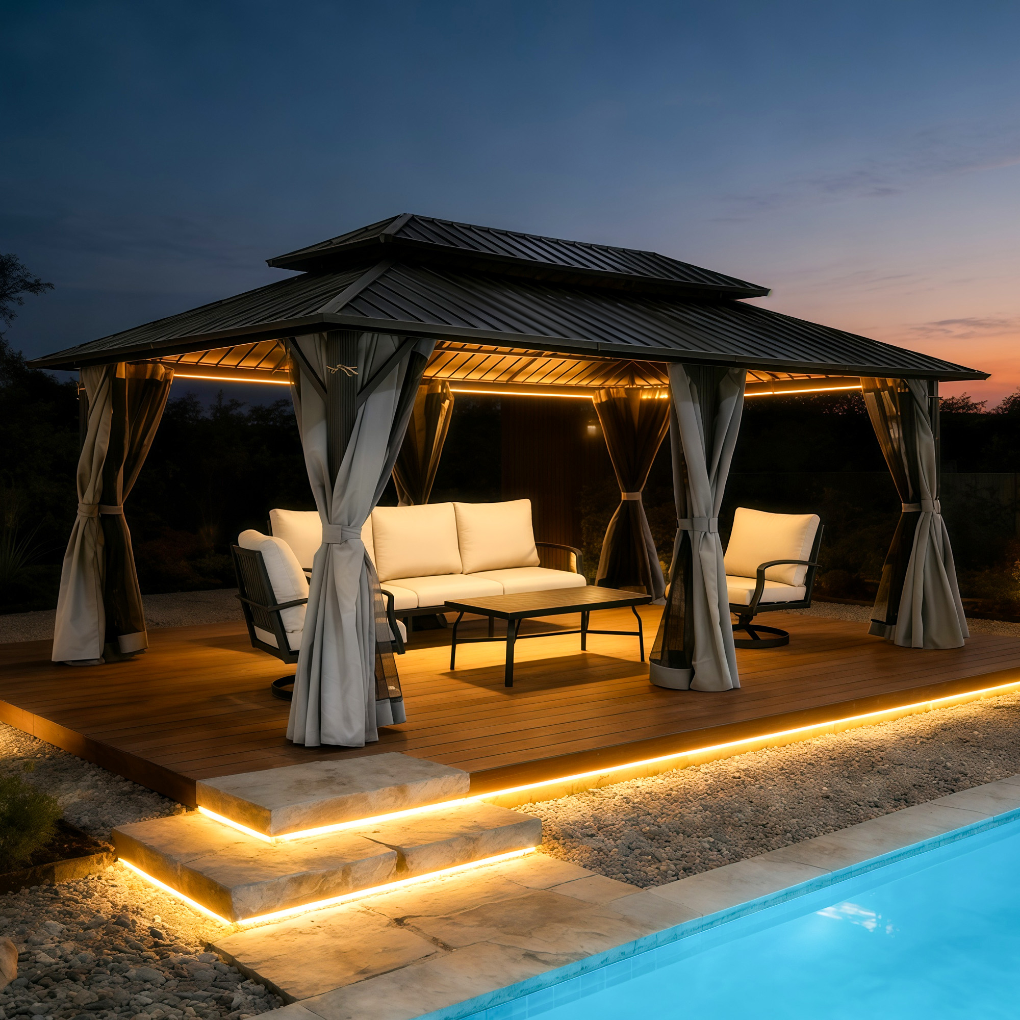 Outdoor patio hardtop gazebo with curtains and seating area by a pool at dusk -Seehill