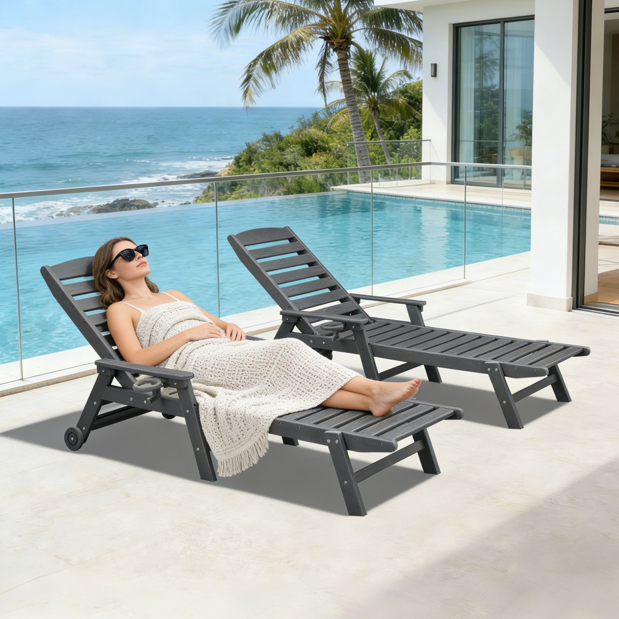 Two-piece adjustable outdoor lounge chairs by the pool with ocean view-Seehill