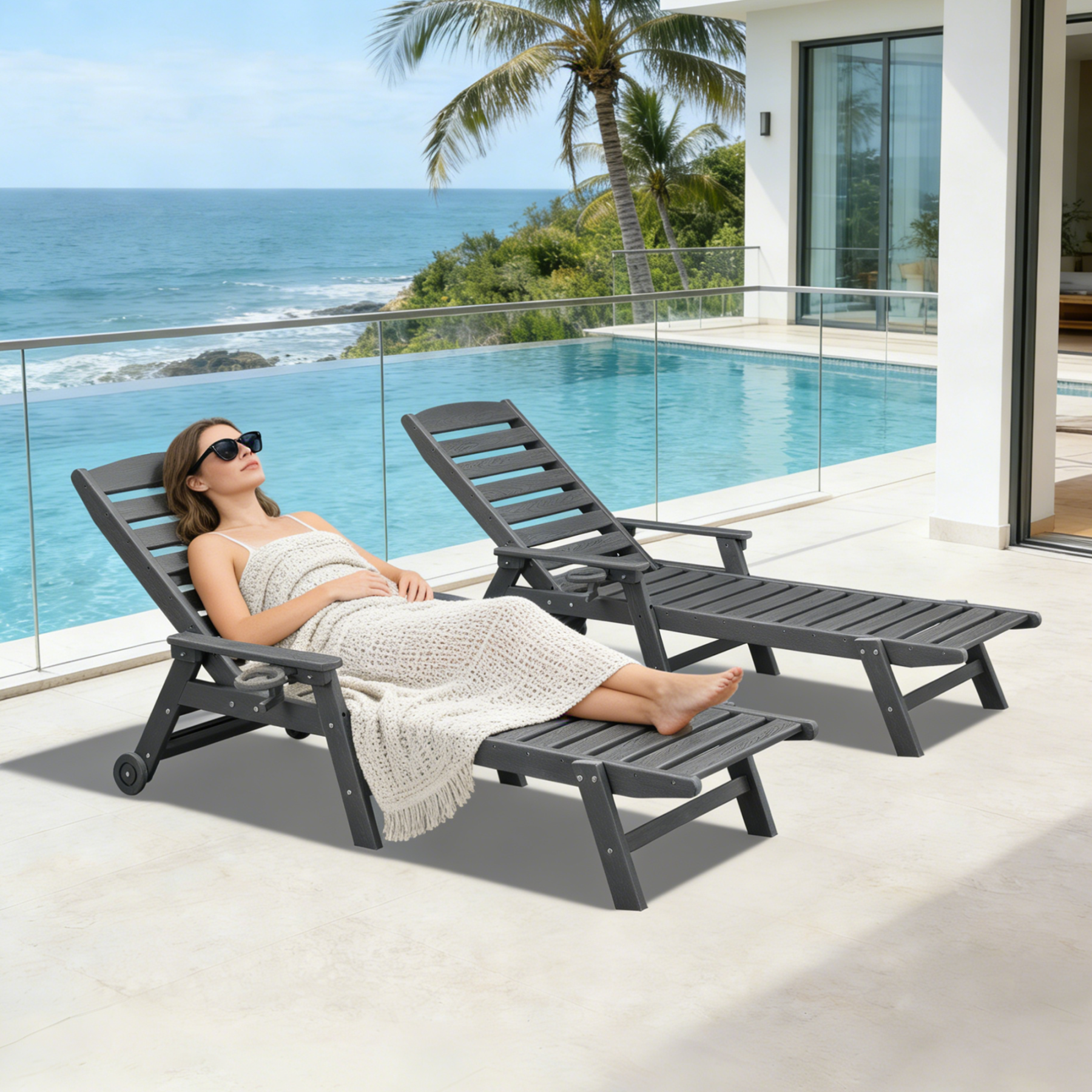 2-piece Patio Adjustable Outdoor Lounge with Wheels & Cup Holder - L031-2