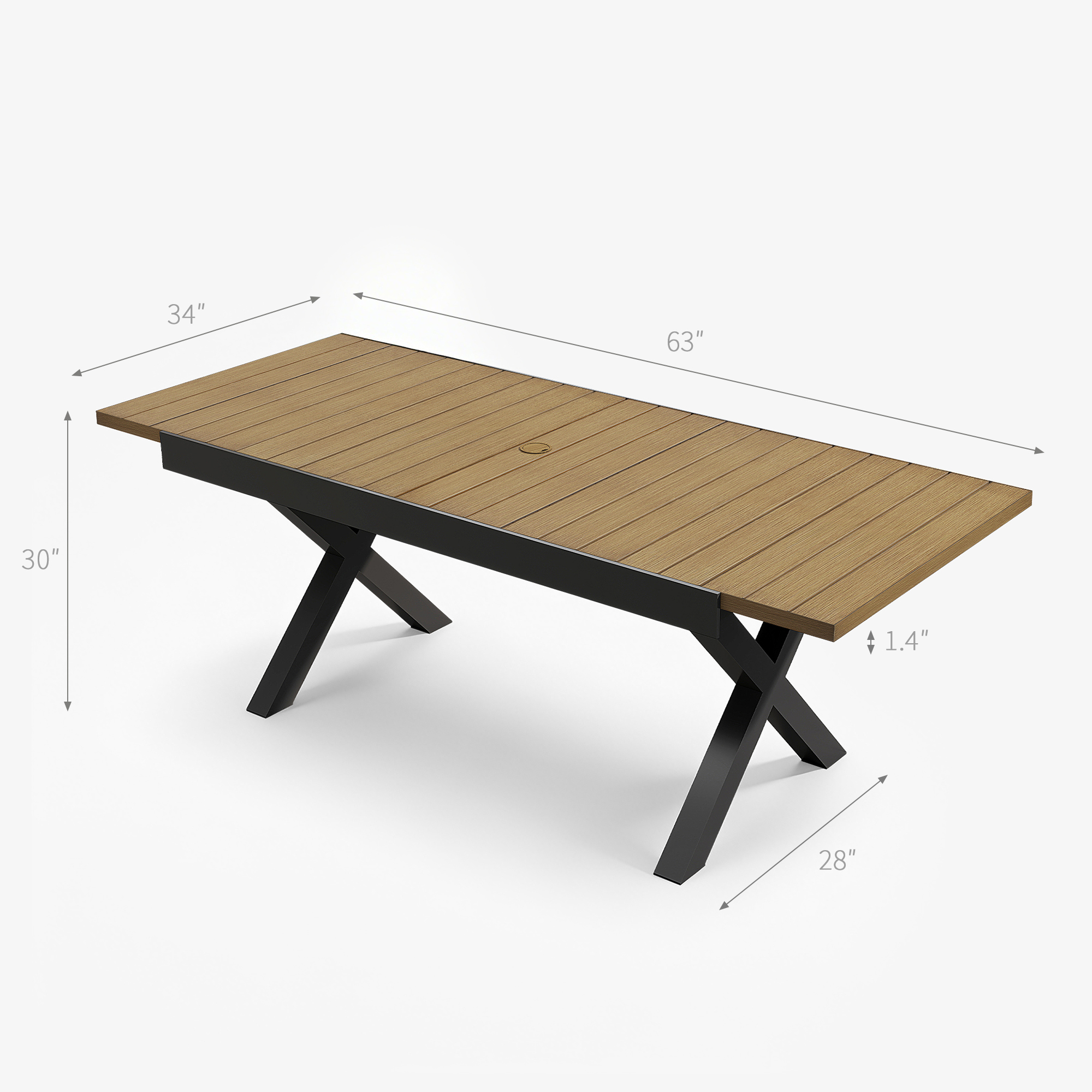 Expandable outdoor dining table with wood top and black metal legs for eight people-Seehill