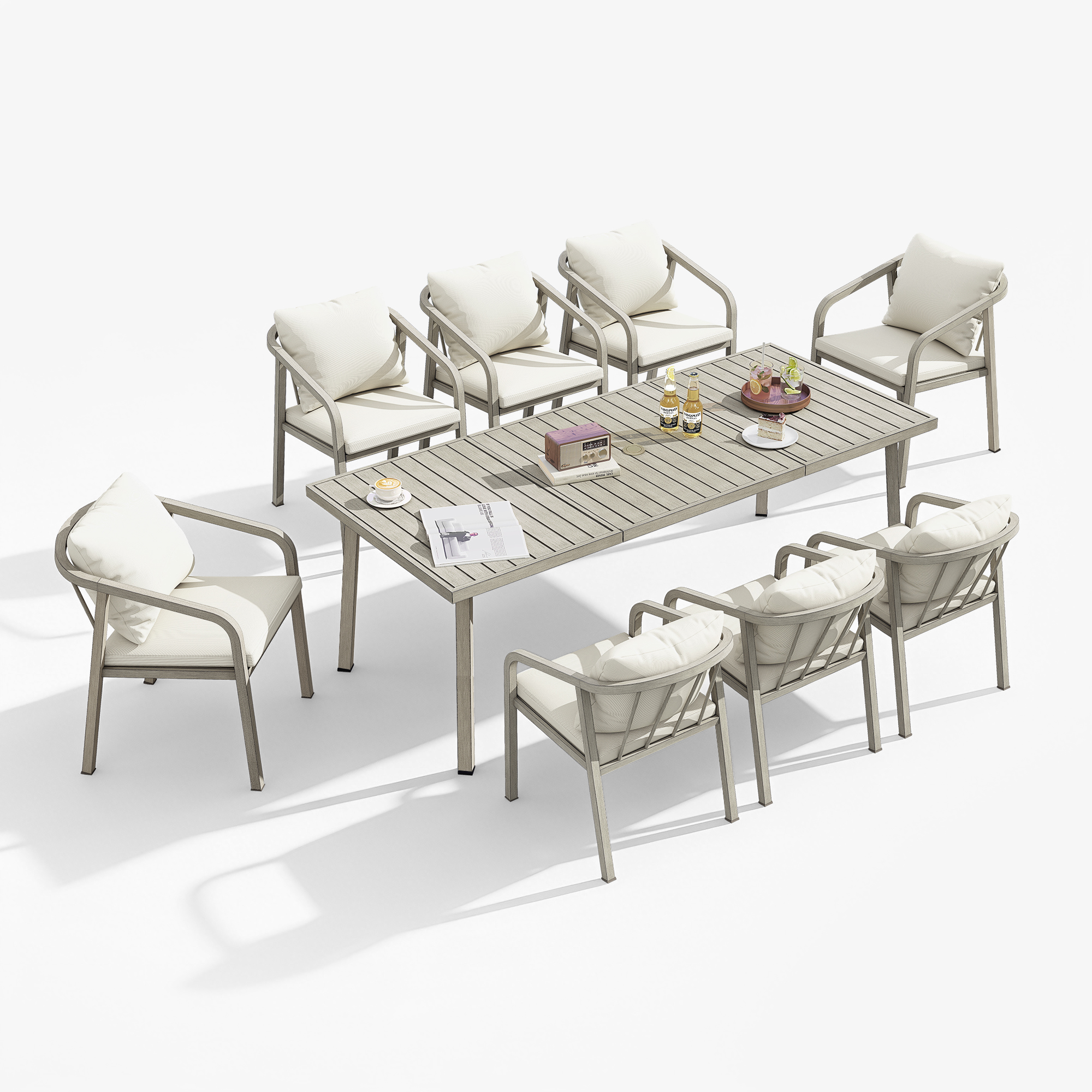 Outdoor dining set with cushioned chairs and a slatted table on a white background-Seehill