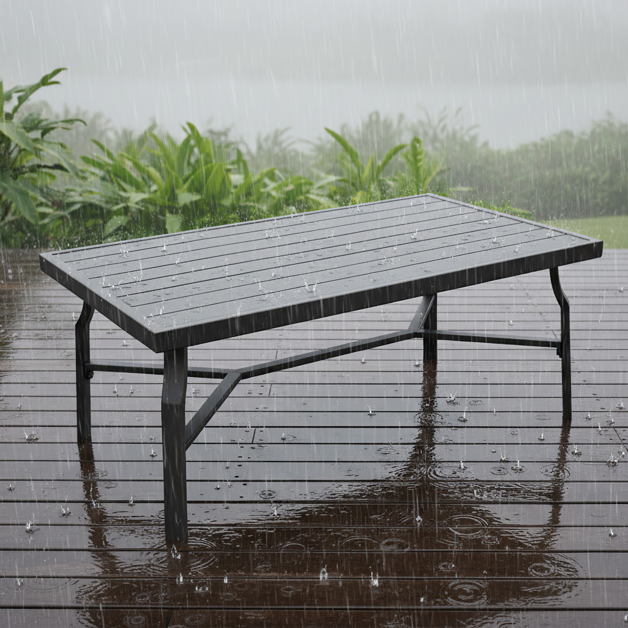 Outdoor rectangular coffee table with slatted top on wet wooden deck in rain-Seehill