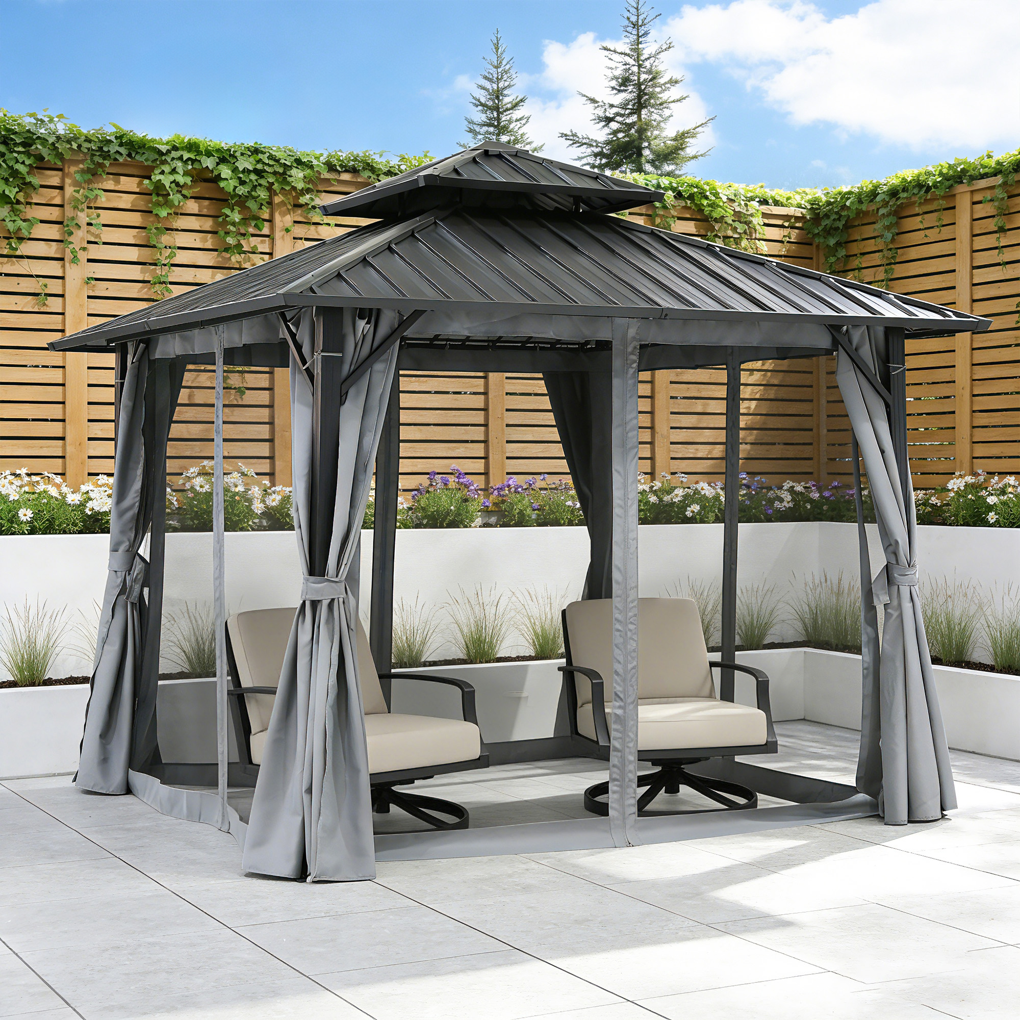 Outdoor patio hardtop gazebo with netting and two cushioned chairs on tiled floor -Seehill