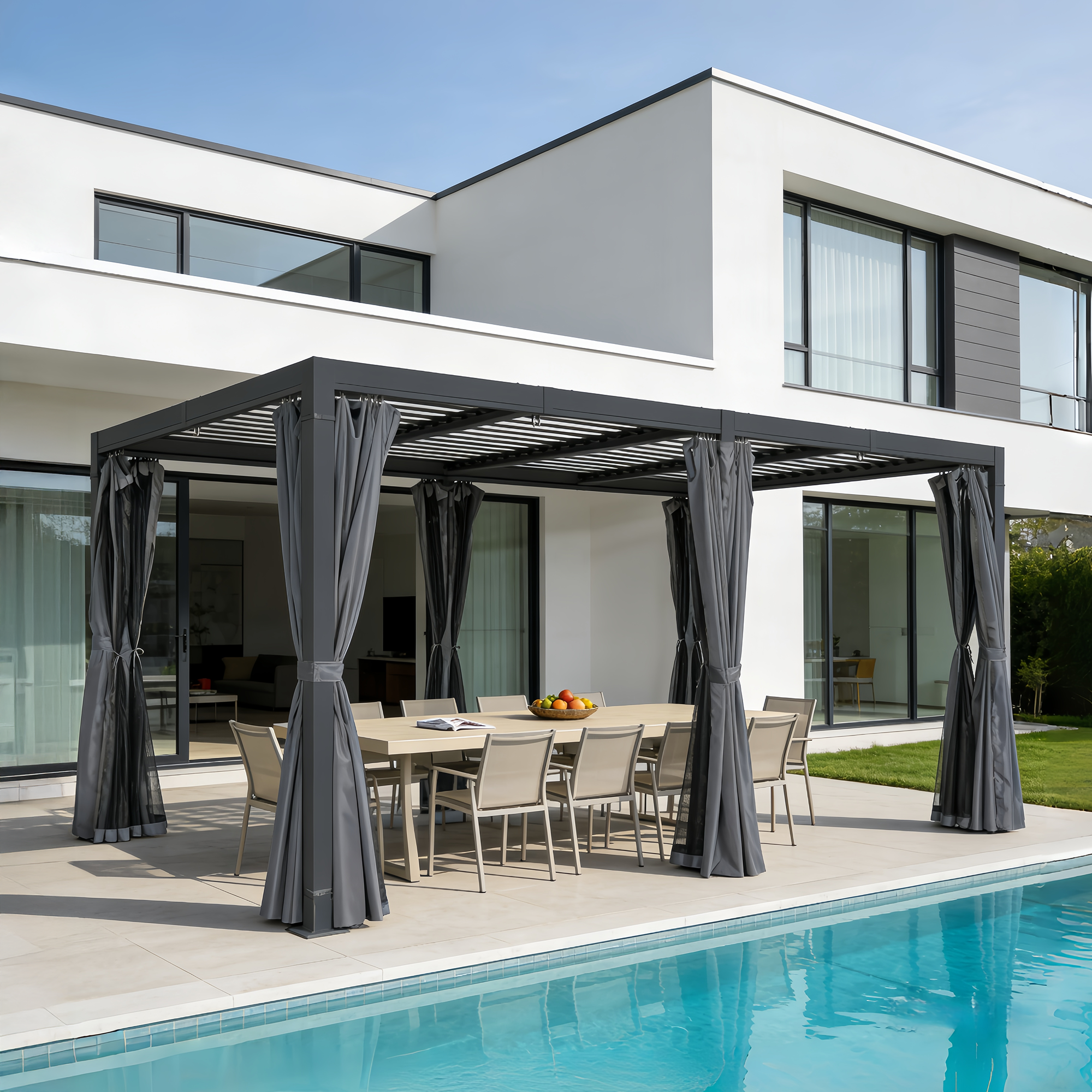 Aluminum Adjustable Louvered Pergola with Curtains and Netting
