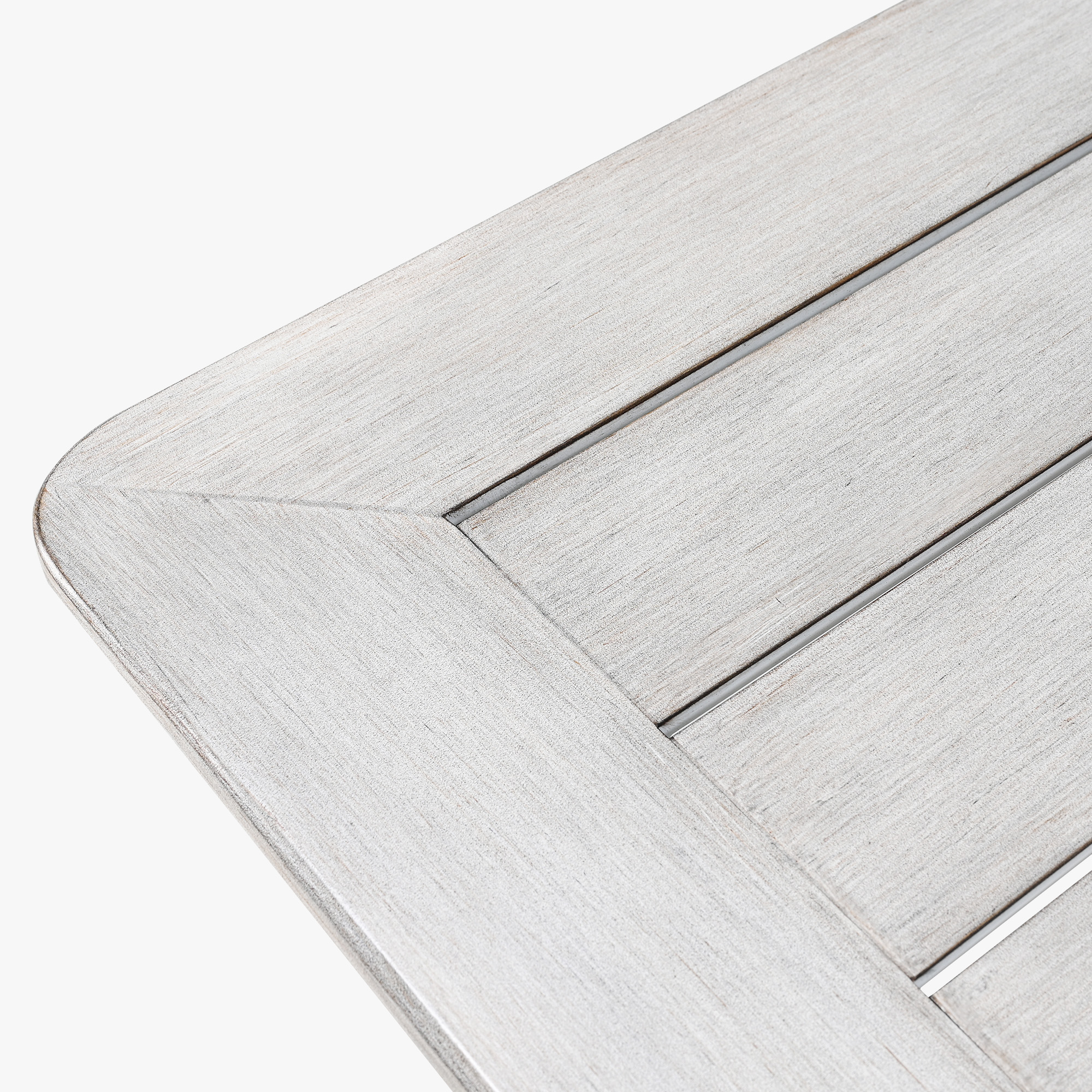 Close-up of weathered gray wood grain texture on extendable patio dining table top-Seehill