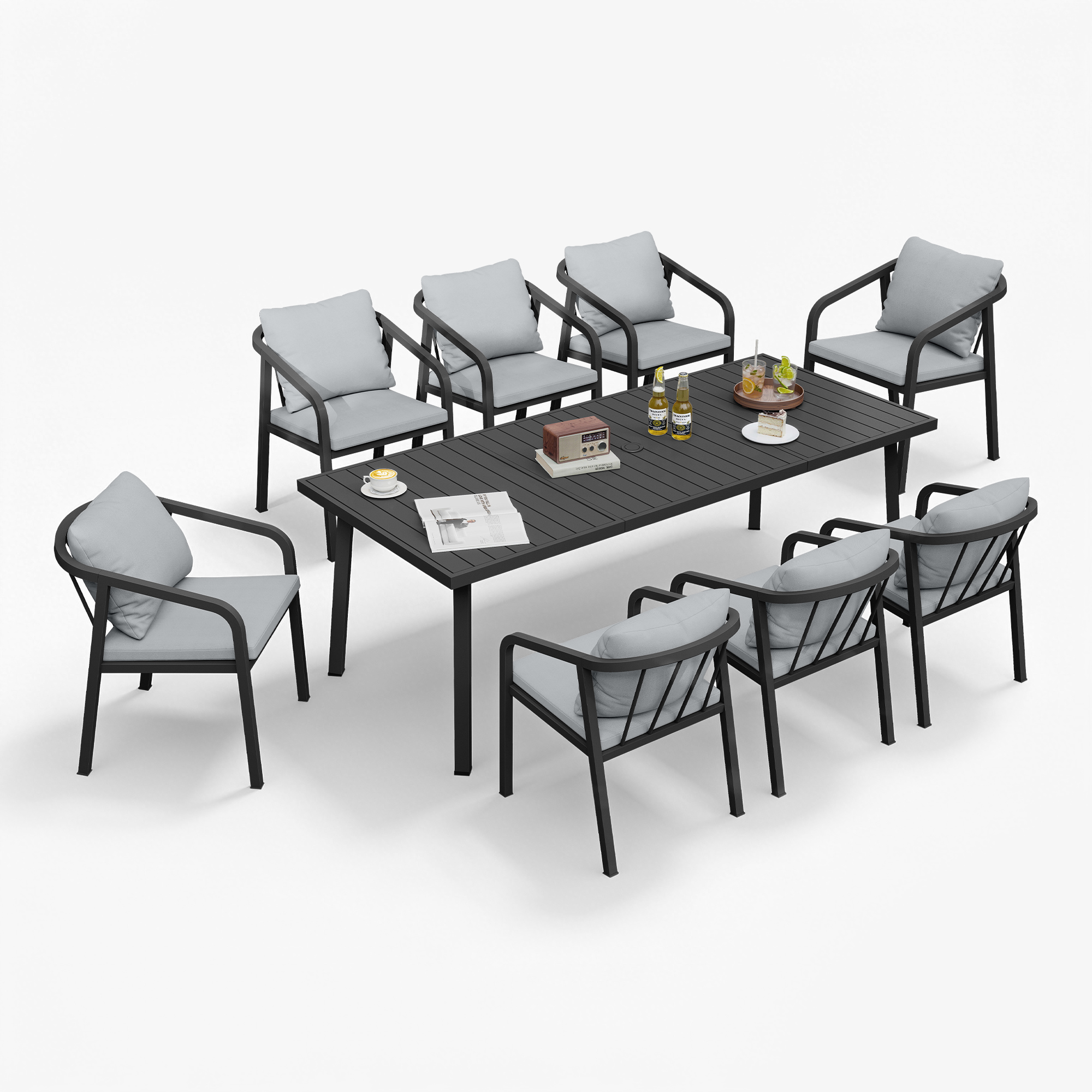 Outdoor dining set with cushioned chairs and a rectangular table on a white background -Seehill