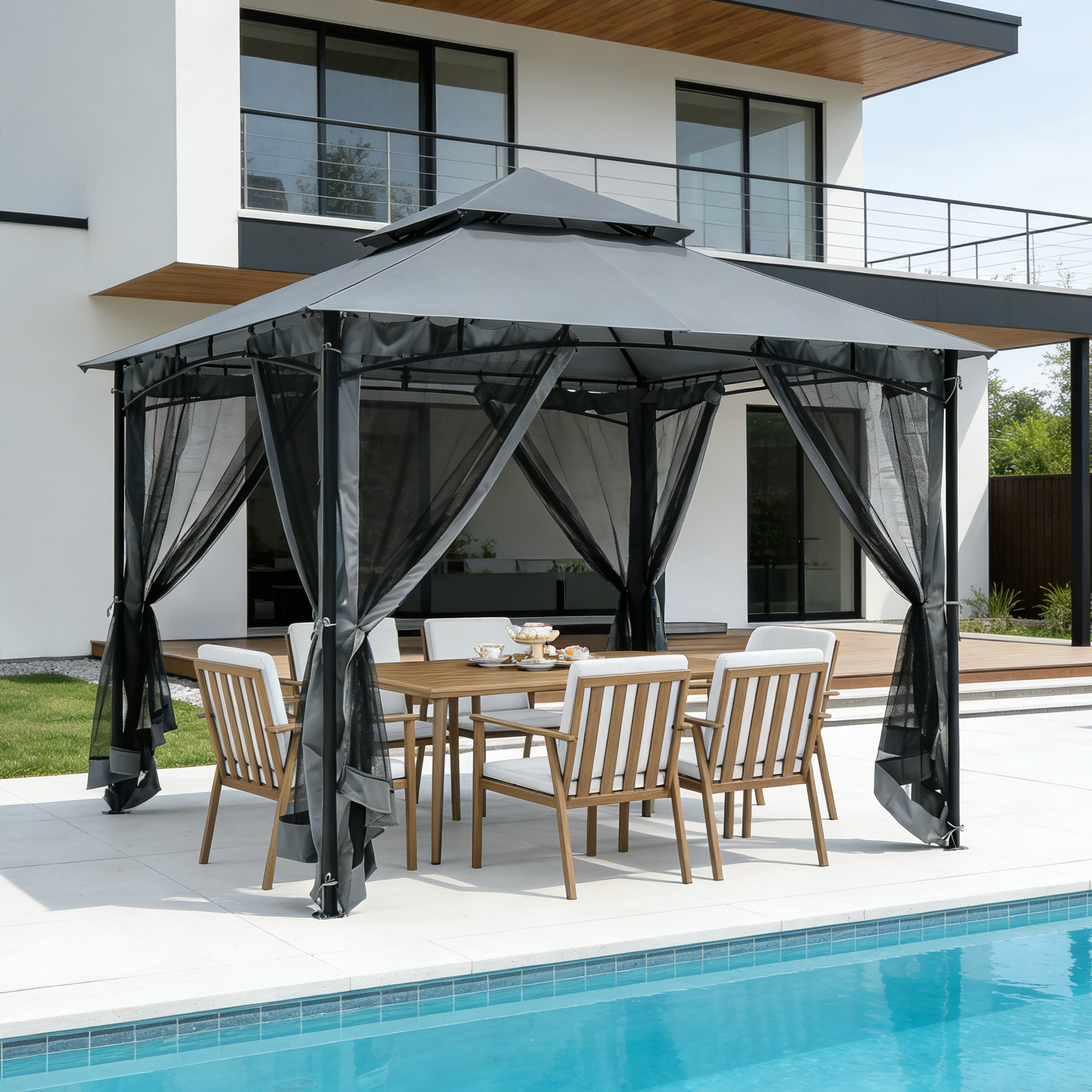 Outdoor Steel Frame Patio Gazebo with Double Roofs - P081