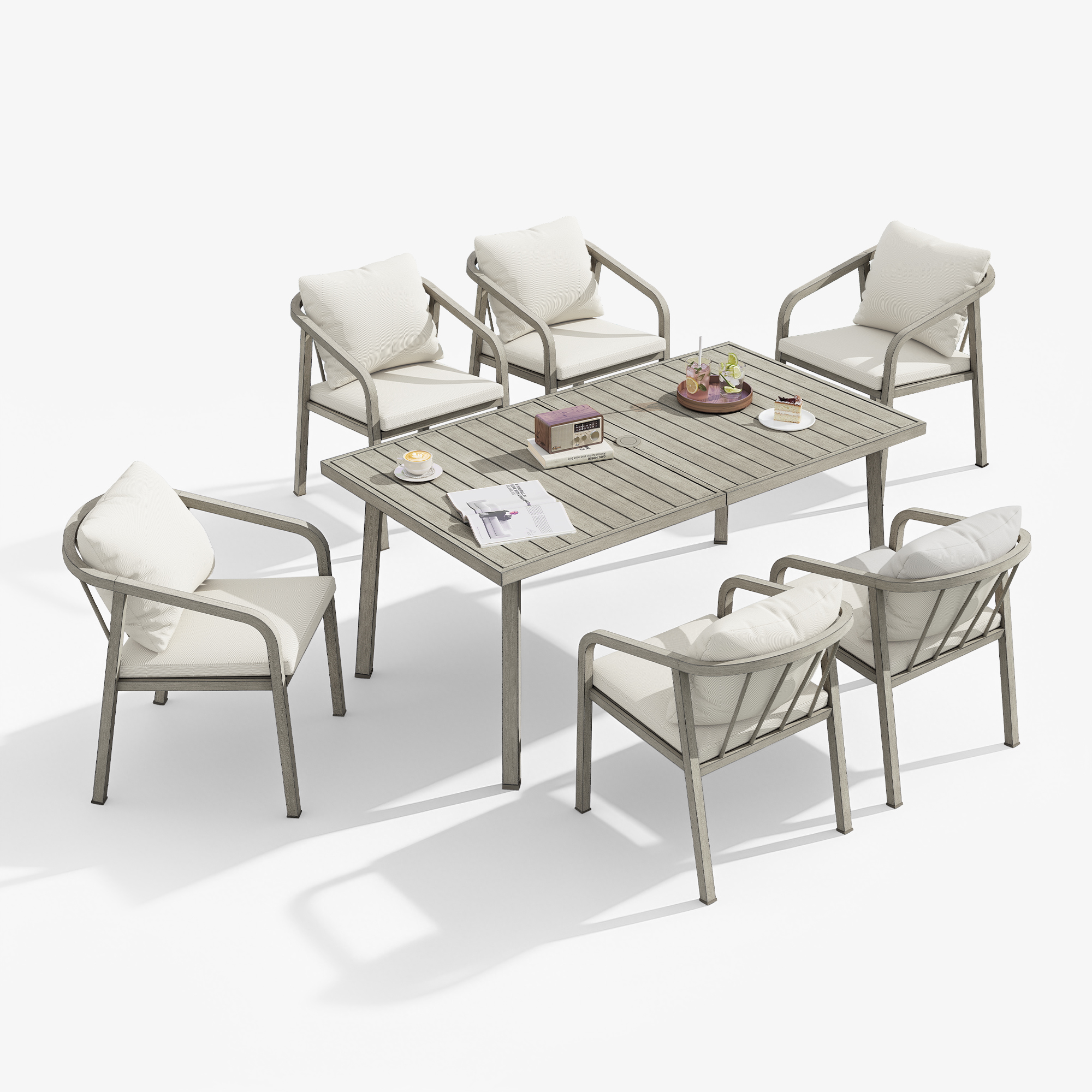 Seven-piece patio dining set with cushioned chairs and a rectangular table on white-Seehill