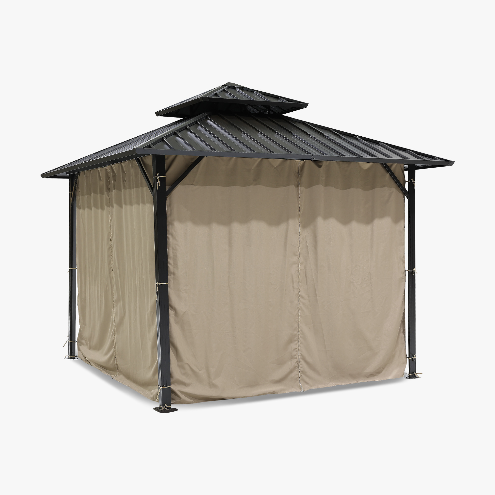 Outdoor patio hardtop gazebo with beige curtains and black metal frame on white-Seehill