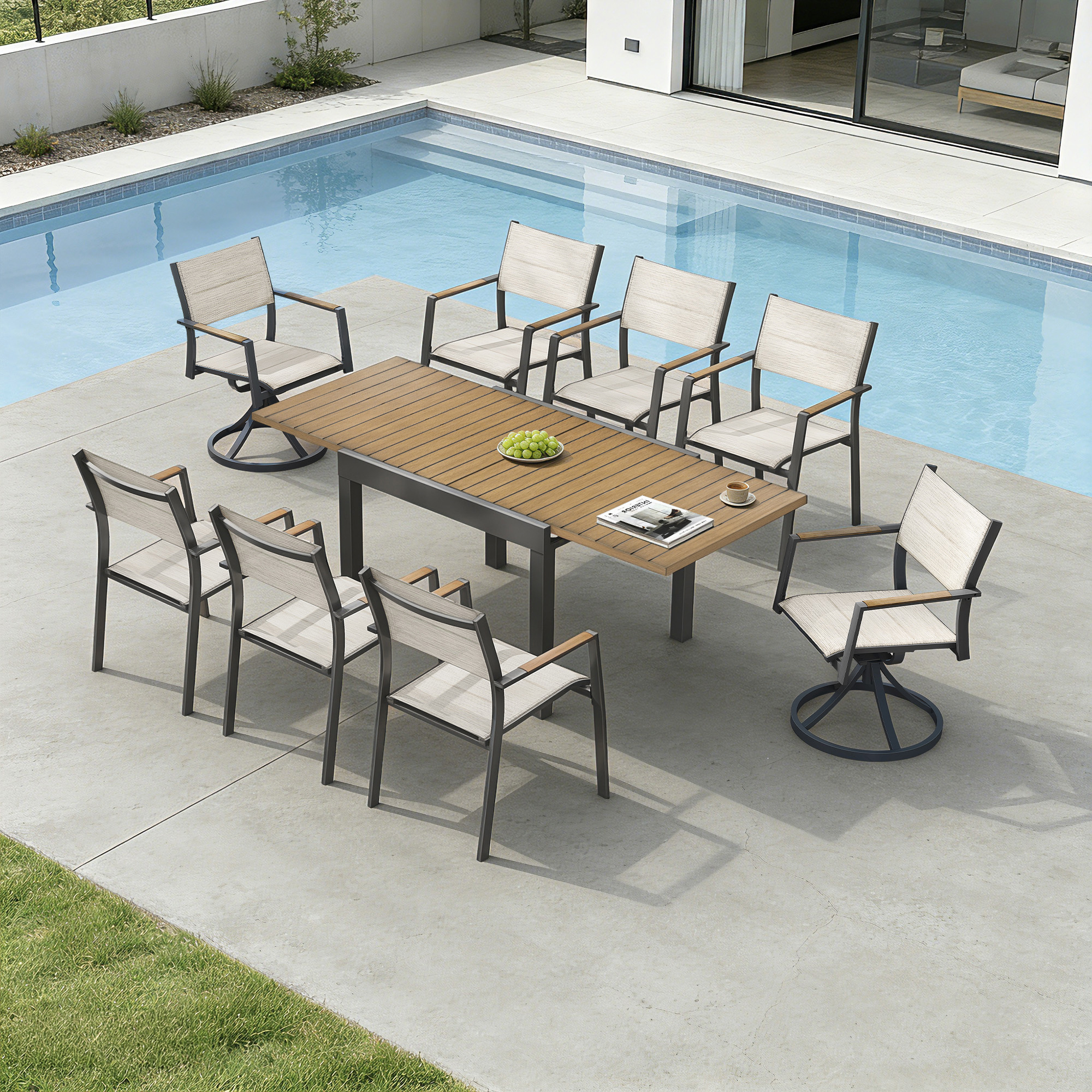 Extendable outdoor dining set with swivel chairs arranged by a poolside patio-Seehill