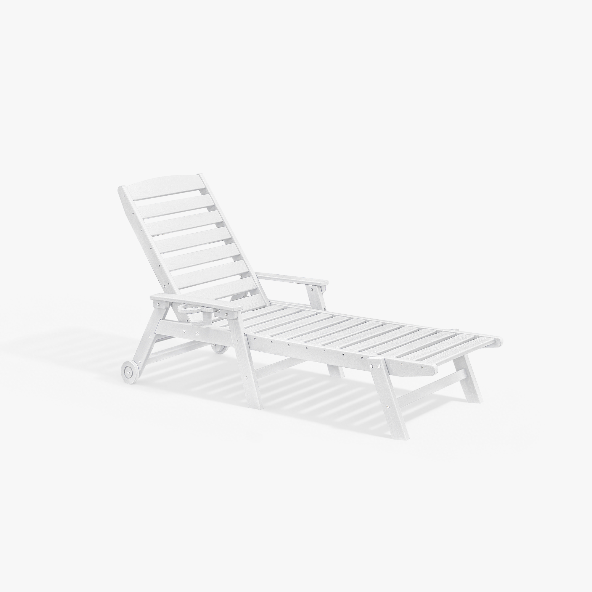 White adjustable outdoor lounge chair with wheels and slatted design on white background -Seehill
