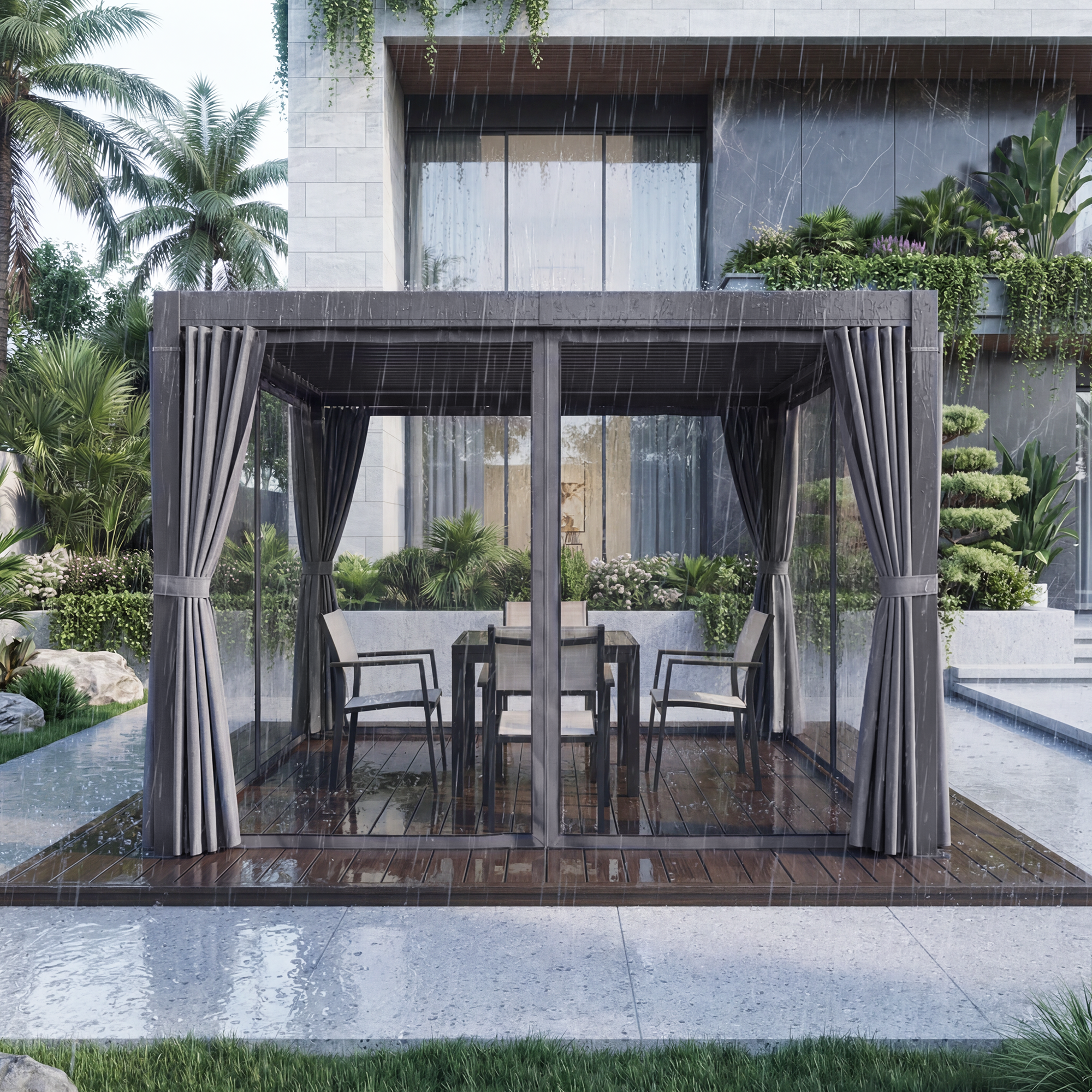 Aluminum Adjustable Louvered Pergola with Curtains and Netting