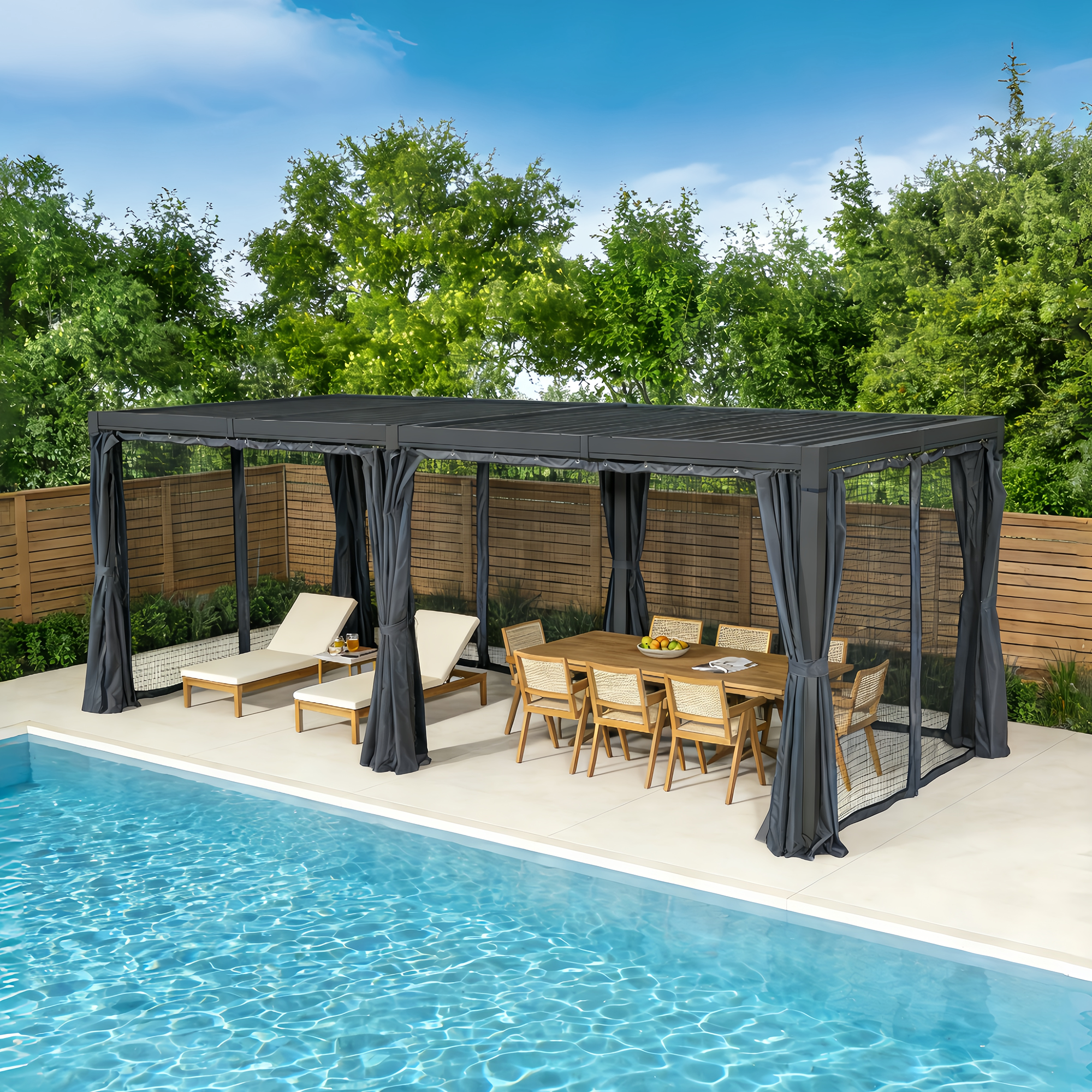 Aluminum Adjustable Louvered Pergola with Curtains and Netting