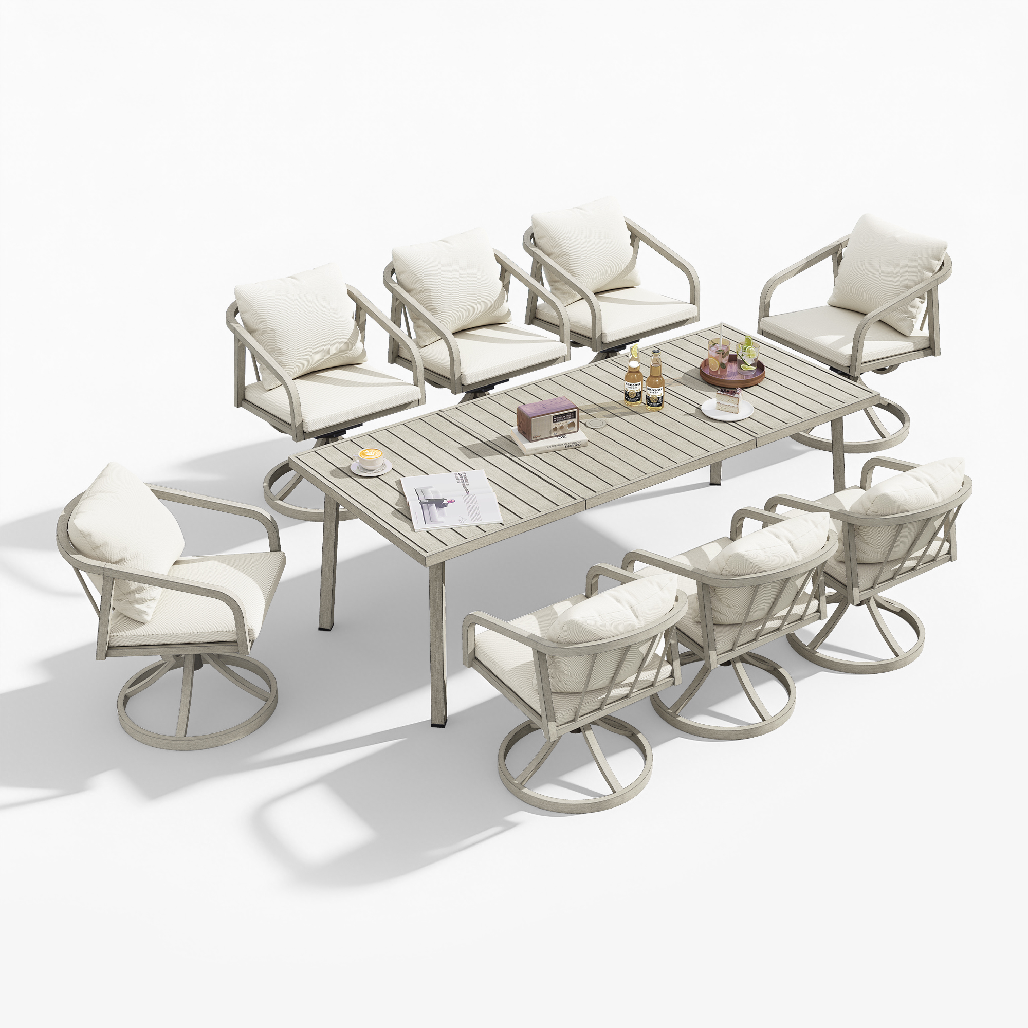 Outdoor dining set with cushioned swivel chairs and a rectangular slatted table-Seehill