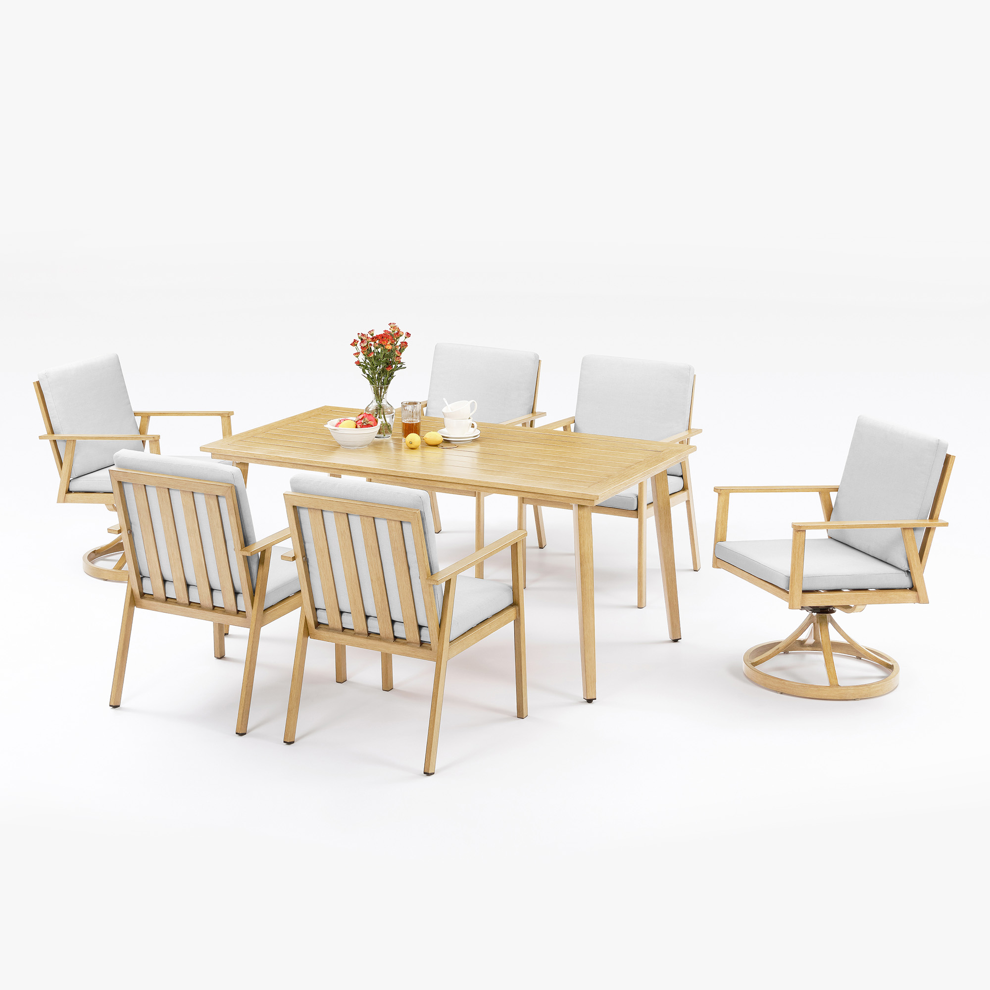 An elegant aluminum outdoor patio dining set with all-weather swivel chairs and umbrella hole for dining. - Seehill