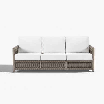 Modern outdoor sofa with white cushions and woven frame - Seehill