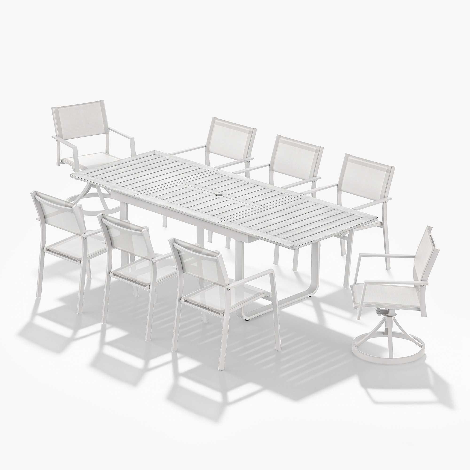 White extendable outdoor dining table with eight matching chairs on a white background-Seehill