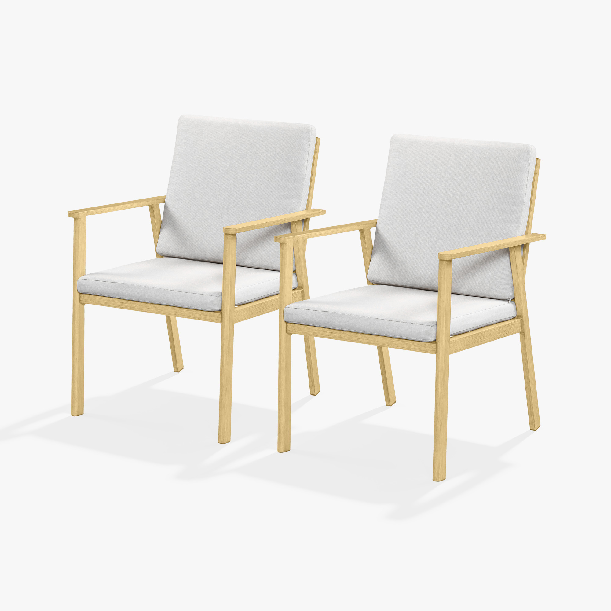 Explore the light oak armchairs with light gray cushions, showcasing a minimalist and graceful design as part of the outdoor dining set. - Seehill