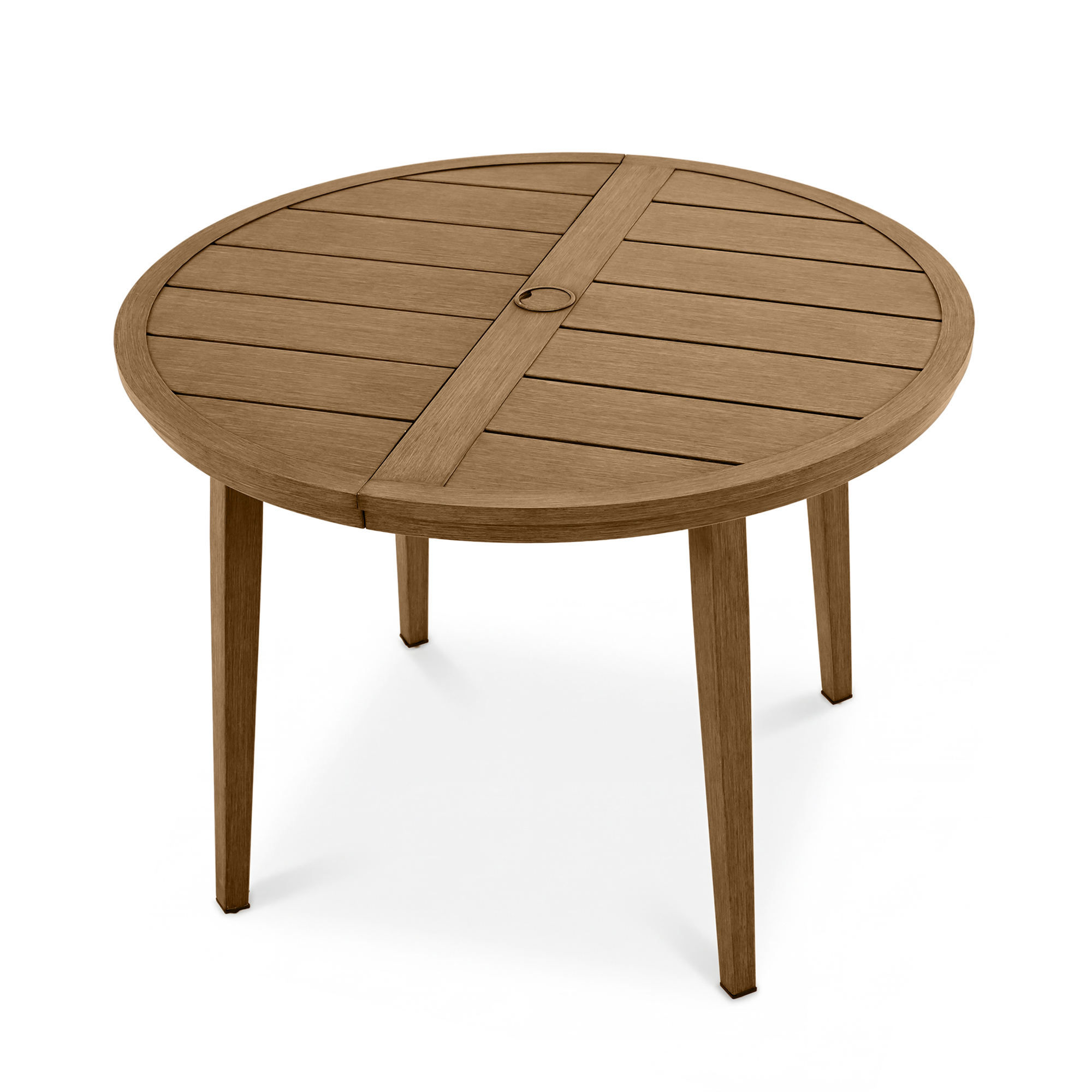 Round patio dining table with umbrella hole in a wood finish and aluminum frame-Seehill