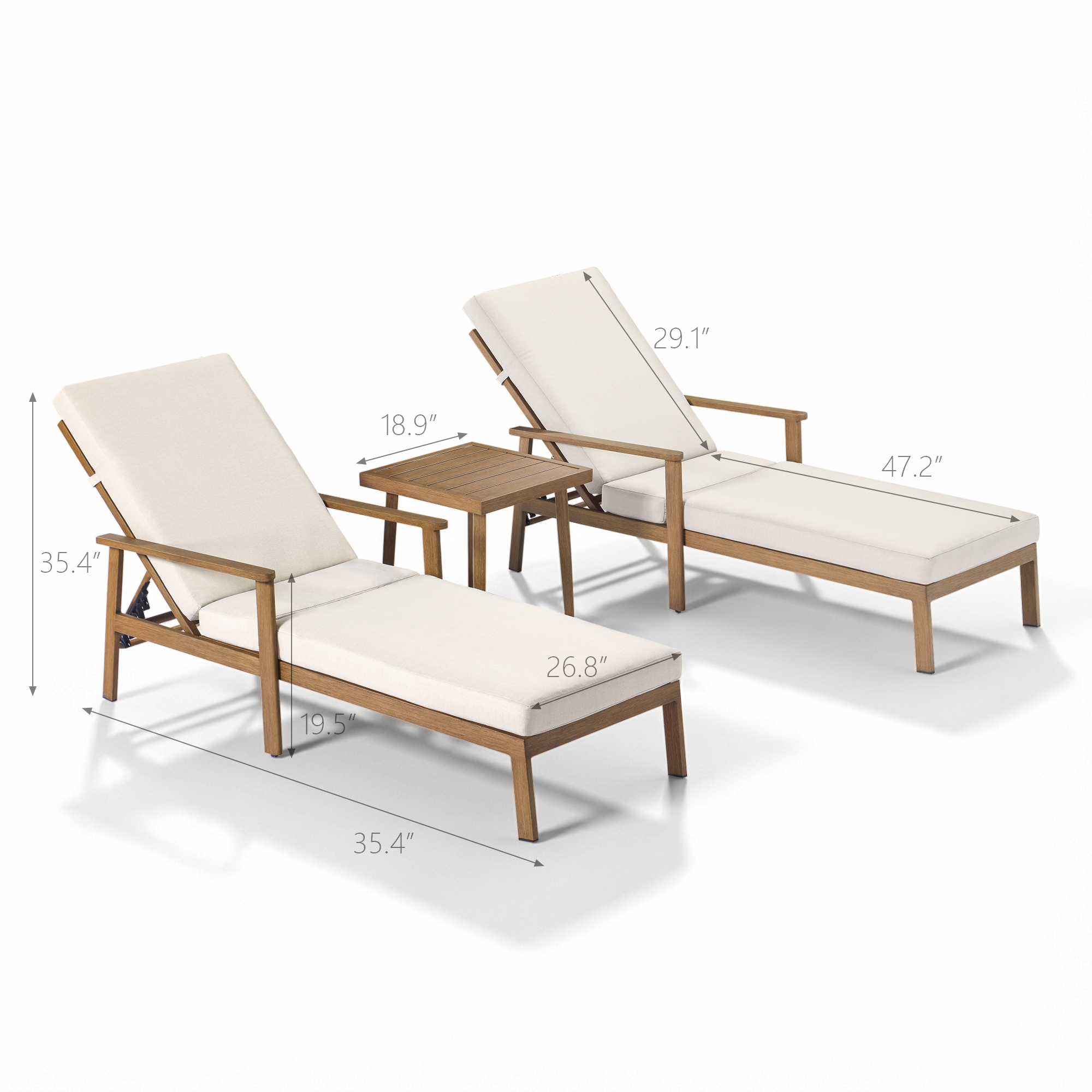 Two aluminum outdoor lounge chairs with thick cushions and a square side table on white-Seehill