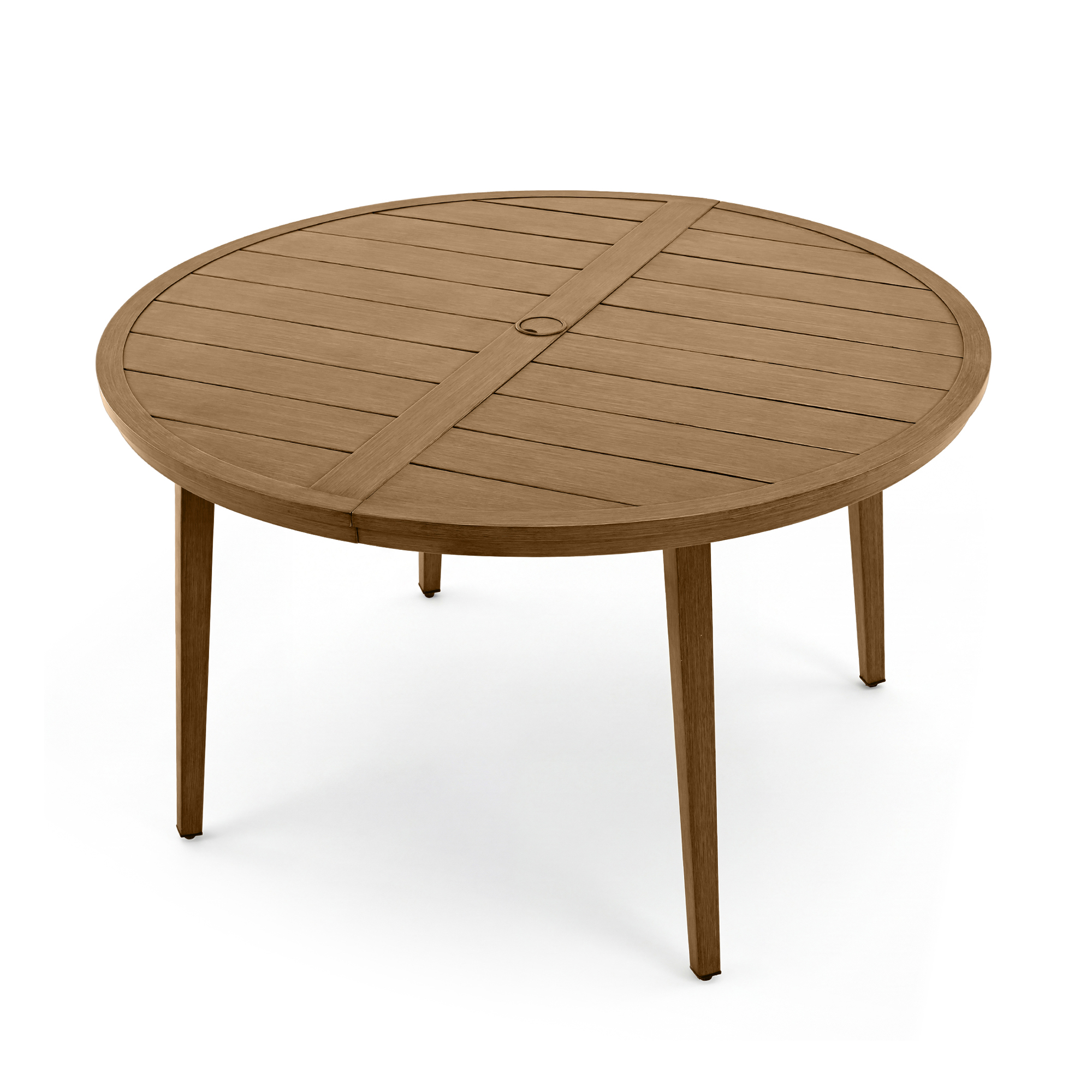 Ash Round patio dining table with umbrella hole in a wood finish and aluminum frame-Seehill