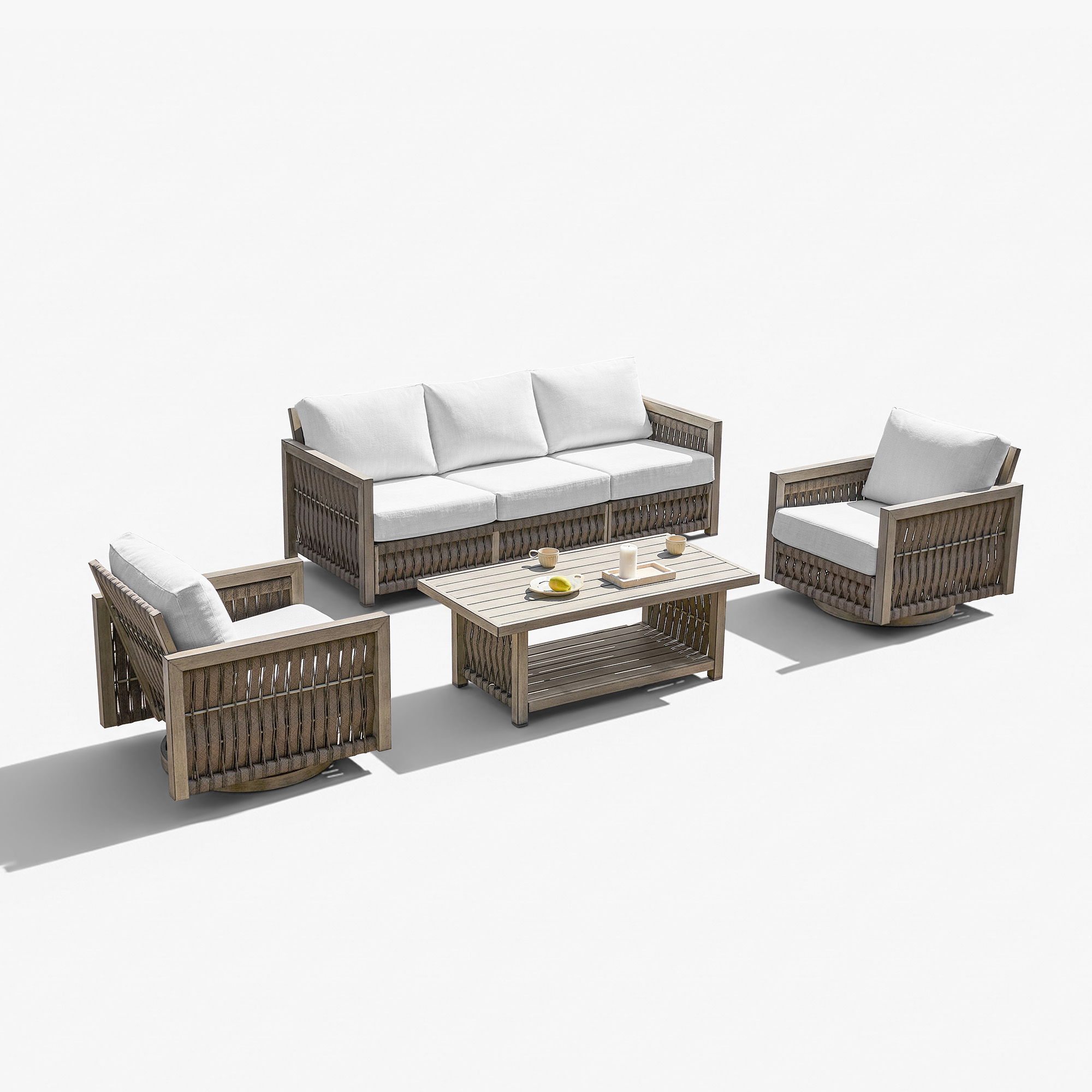 This image highlights the weather-resistant rattan patio set with a swivel feature in this refined Outdoor Patio. - Seehill