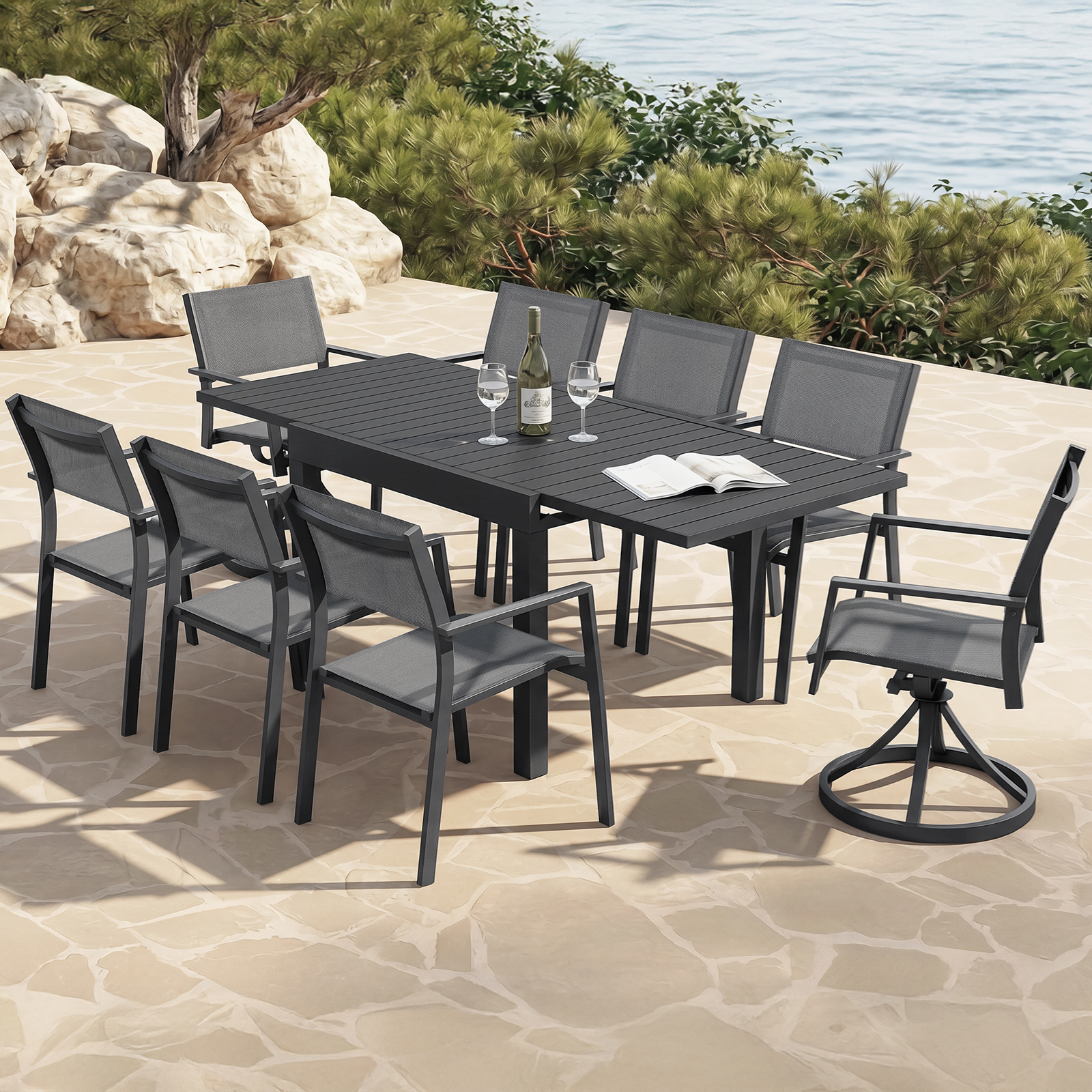 9-Piece Extendable Outdoor Dining Set with Swivel Chairs for 8 Person- DS065-2