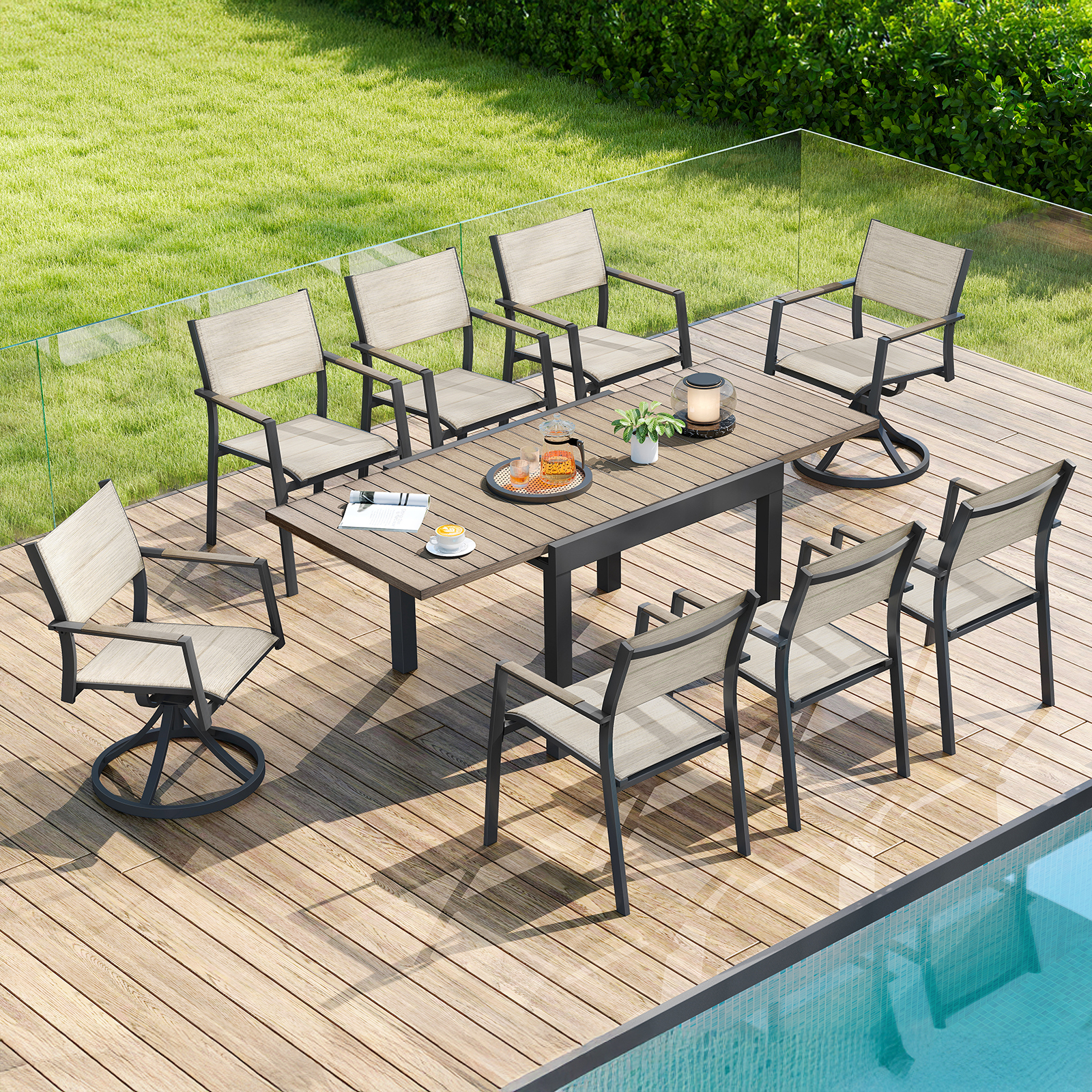 9-Piece Extendable Outdoor Dining Set with Swivel Chairs for 8 Person- DS065-2