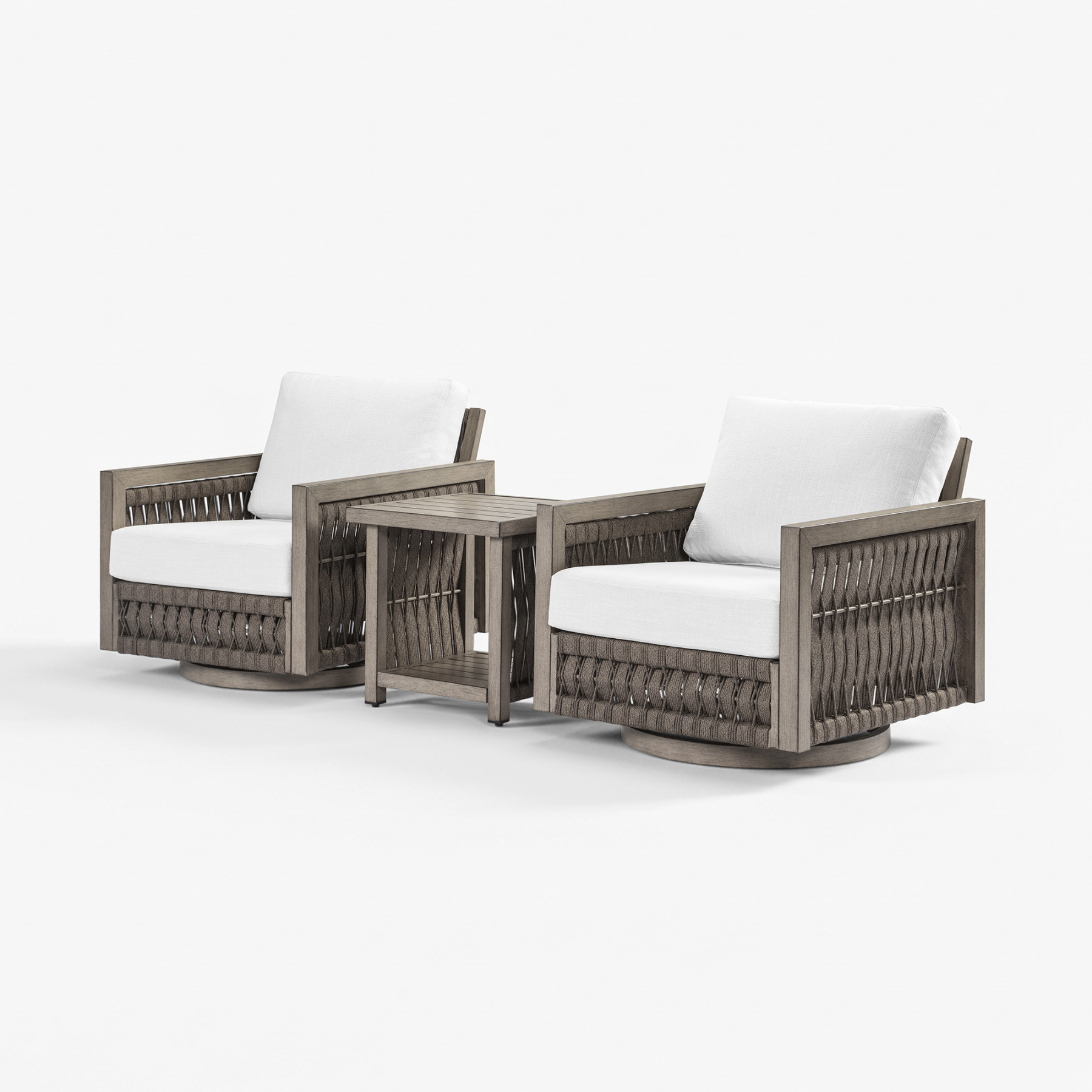 Modern outdoor wicker armchairs with white cushions and side table - Seehill