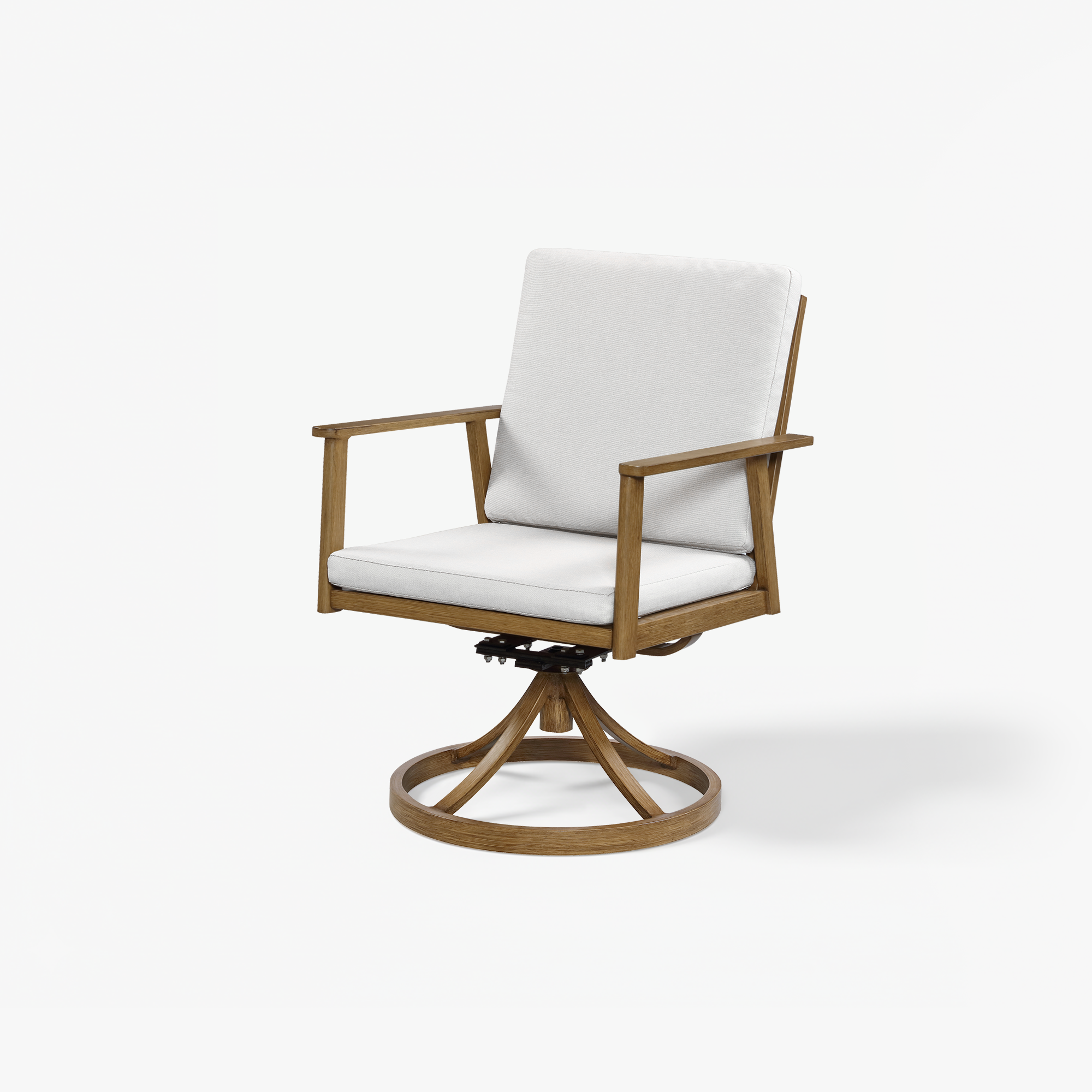 Explore the modern oak swivel chair with white textured cushions from the exclusive Piece Aluminum collection. - Seehill