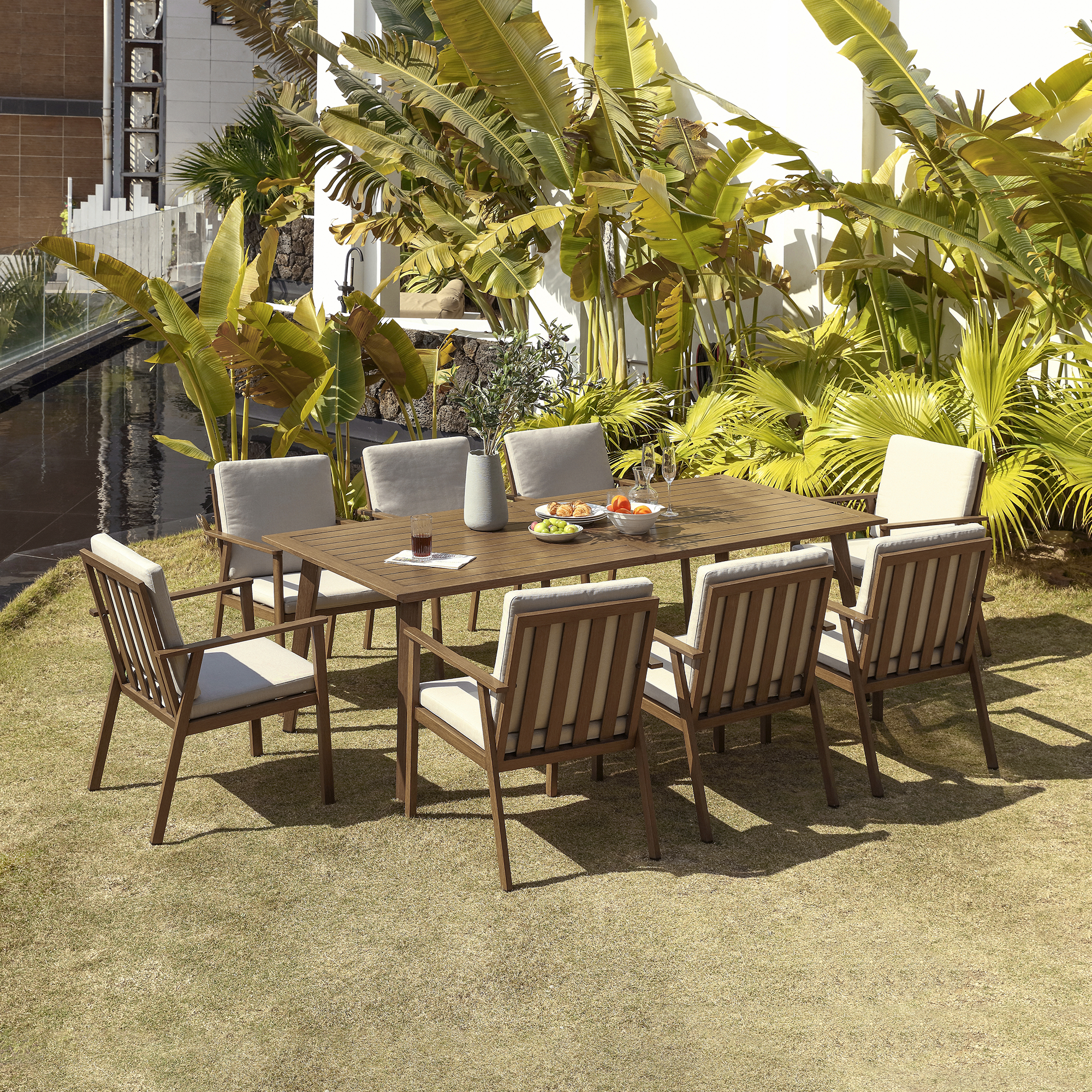 Outdoor wooden dining set with 6 chairs and cushioned seats - Seehill